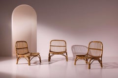 Italian Rattan and Bamboo Lounge Chair with Black Leather Cushion, 1960s