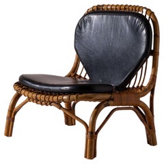 Italian Rattan and Bamboo Lounge Chair with Black Leather Cushion, 1960s
