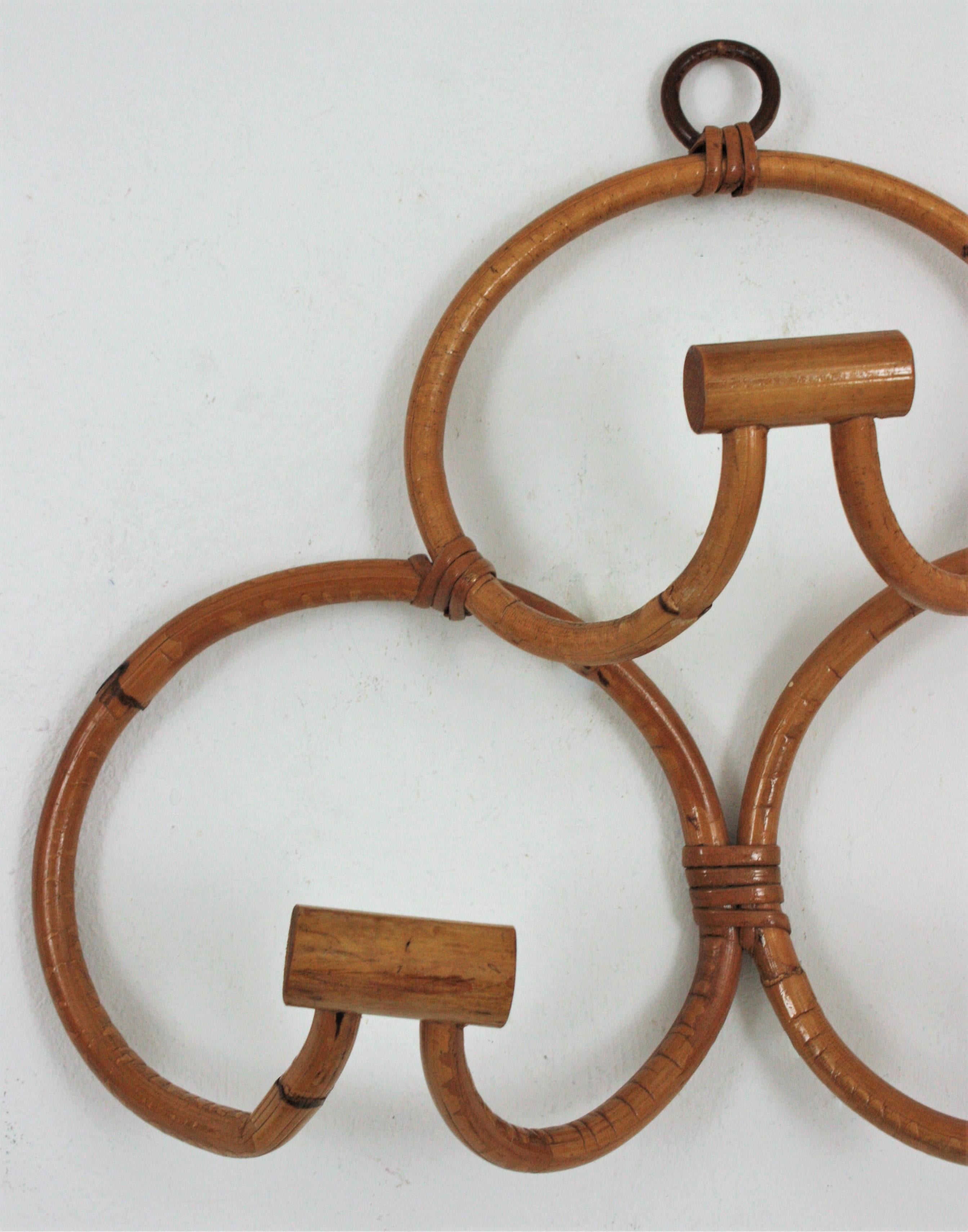 20th Century Italian Rattan Bamboo Wall Coat Rack with 5 Hooks, 1960s For Sale