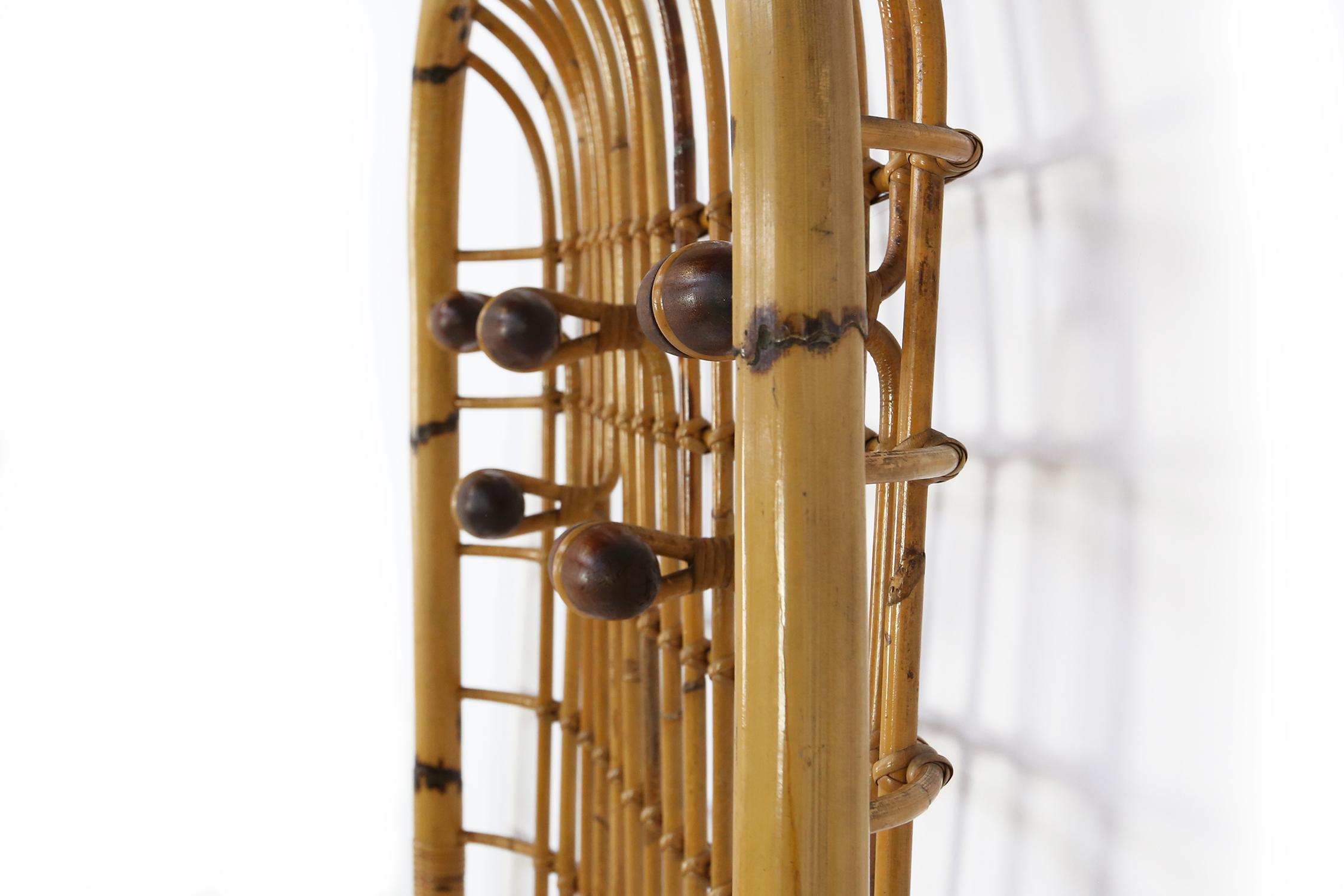 Mid-Century Modern Italian Rattan and Bamboo Wall Hanging Coat Hanger by Olaf von Bohr, 1960s