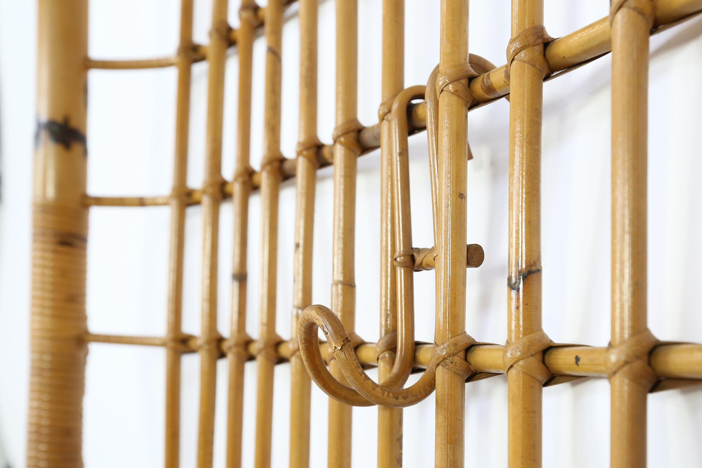 Italian Rattan and Bamboo Wall Hanging Coat Hanger by Olaf von Bohr, 1960s 1
