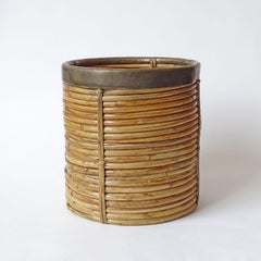 Italian Rattan and Brass Gabriella Crespi Style Waste Basket or Planter, Italy