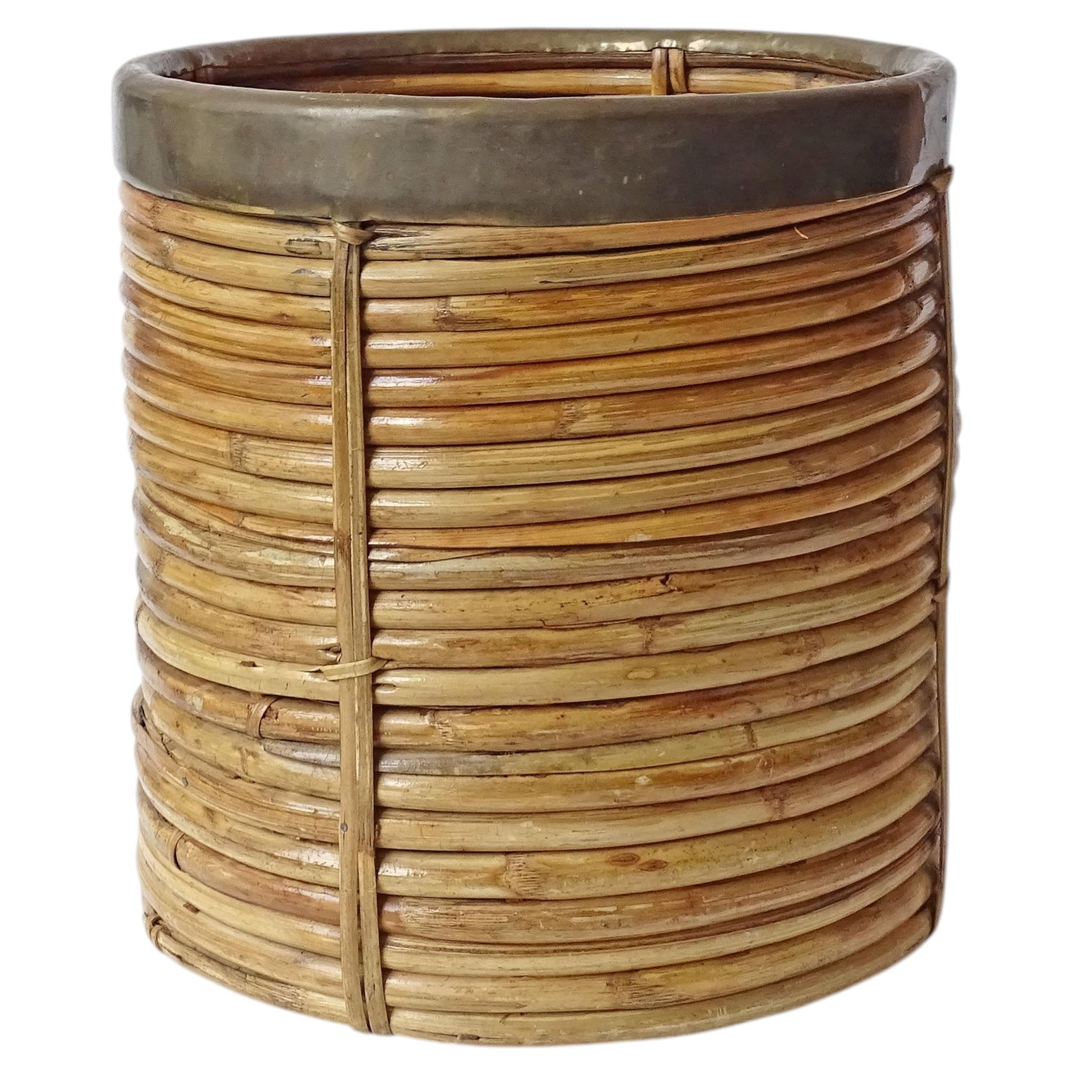 Italian Rattan and Brass Waste Basket or Planter, Italy