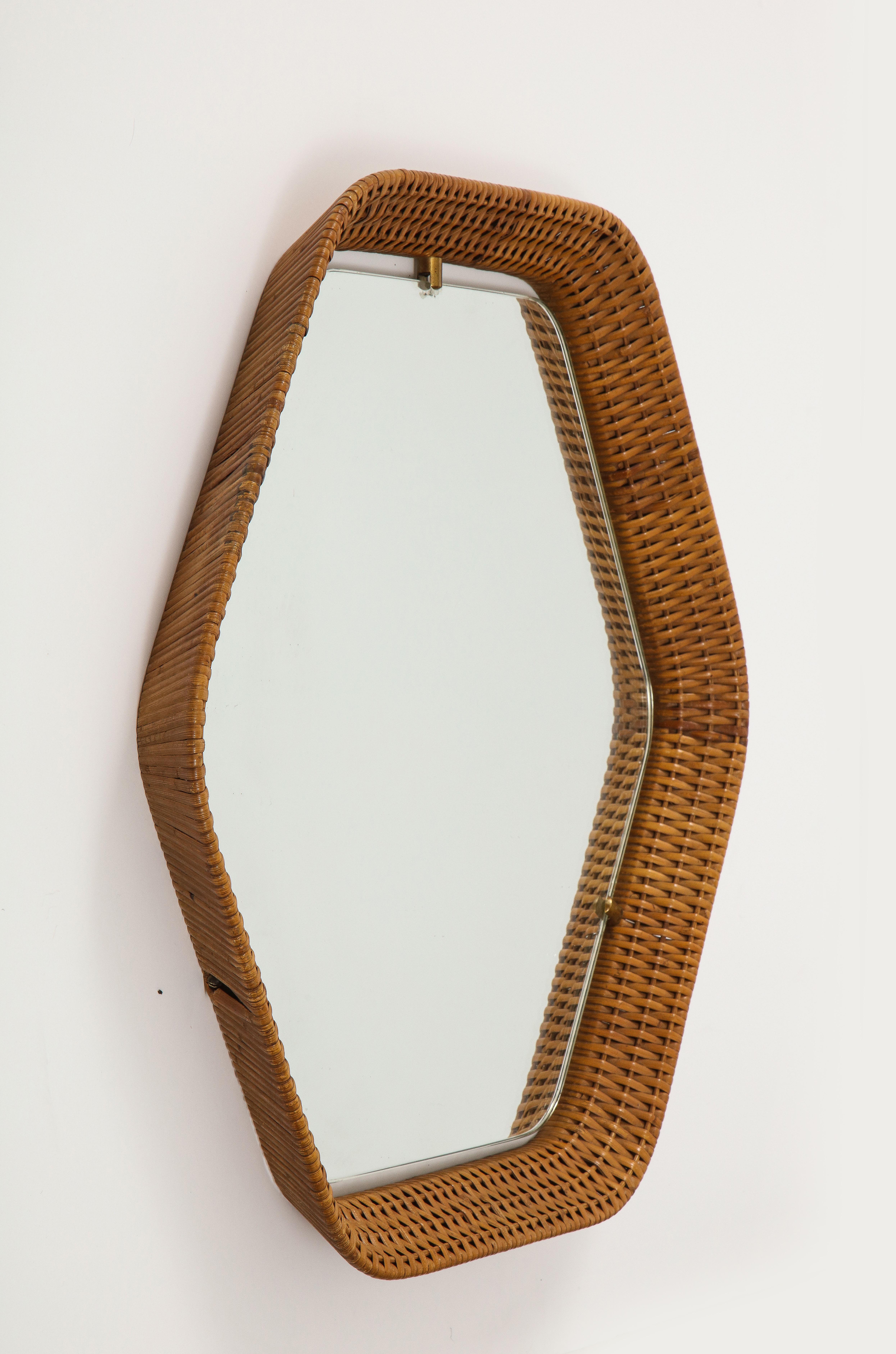 Mid-Century Modern Italian Rattan and Brass Hexagon Shaped Mirror by Cantu, 1950s For Sale
