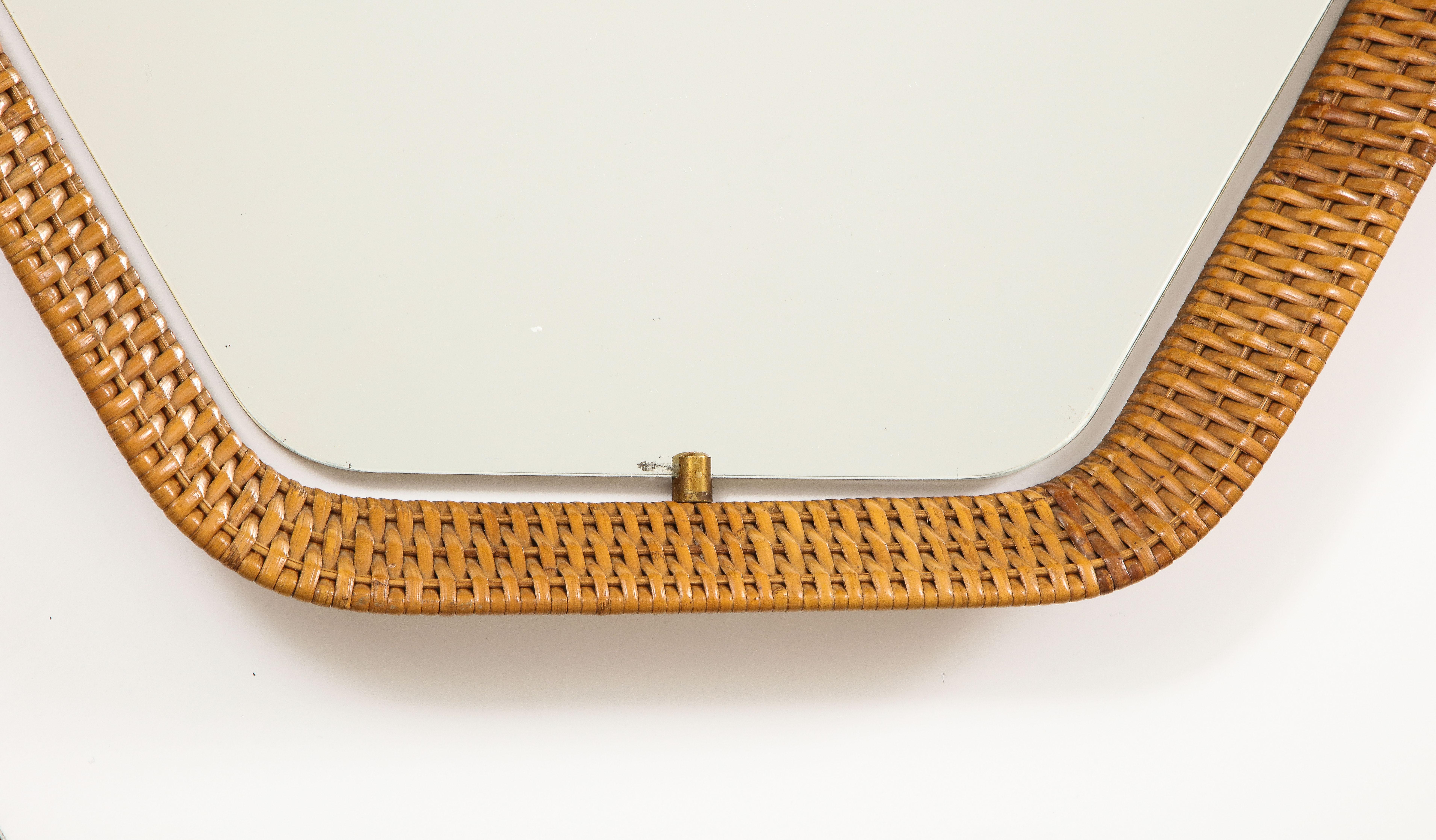 Italian Rattan and Brass Hexagon Shaped Mirror by Cantu, 1950s For Sale 2