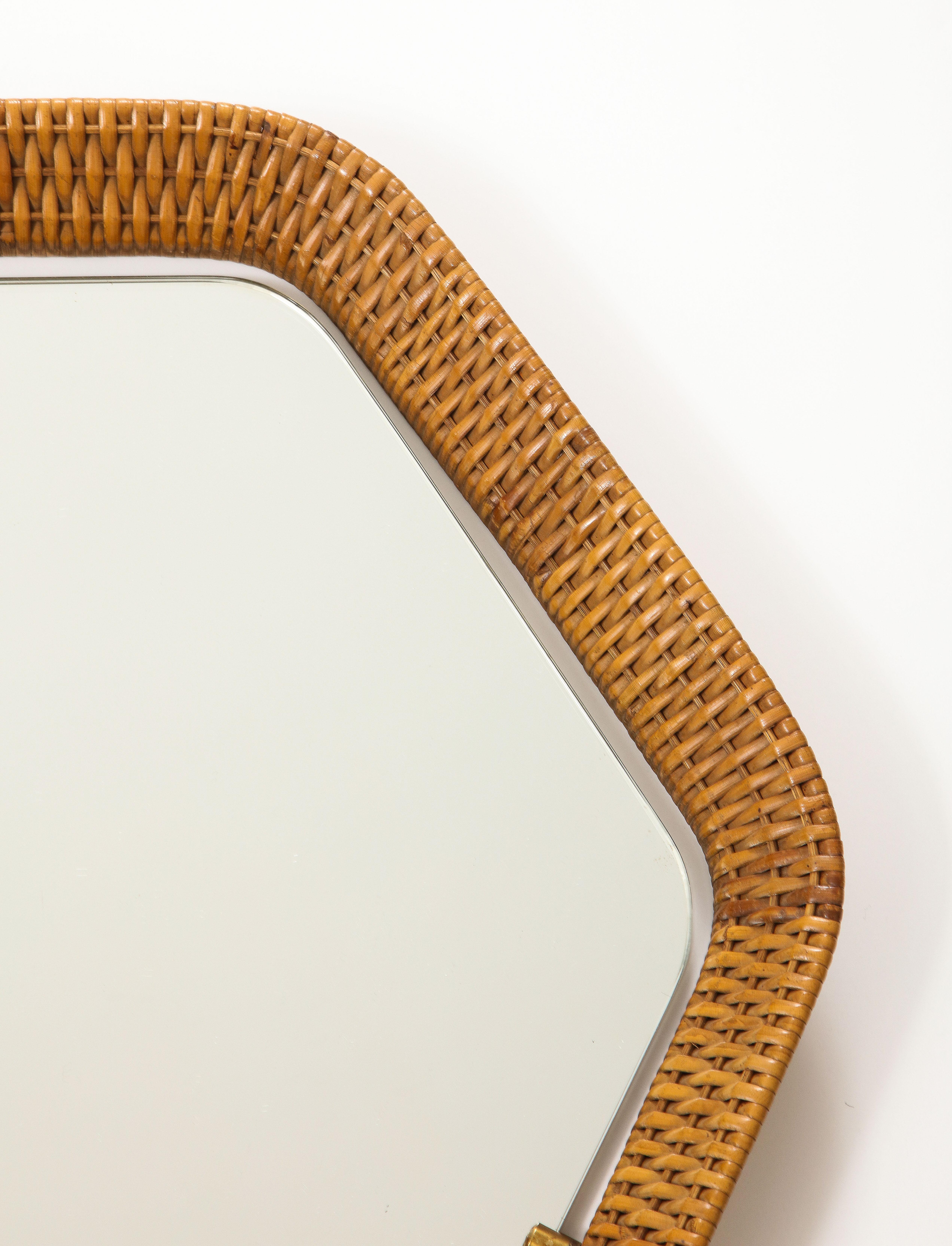 Italian Rattan and Brass Hexagon Shaped Mirror by Cantu, 1950s For Sale 3