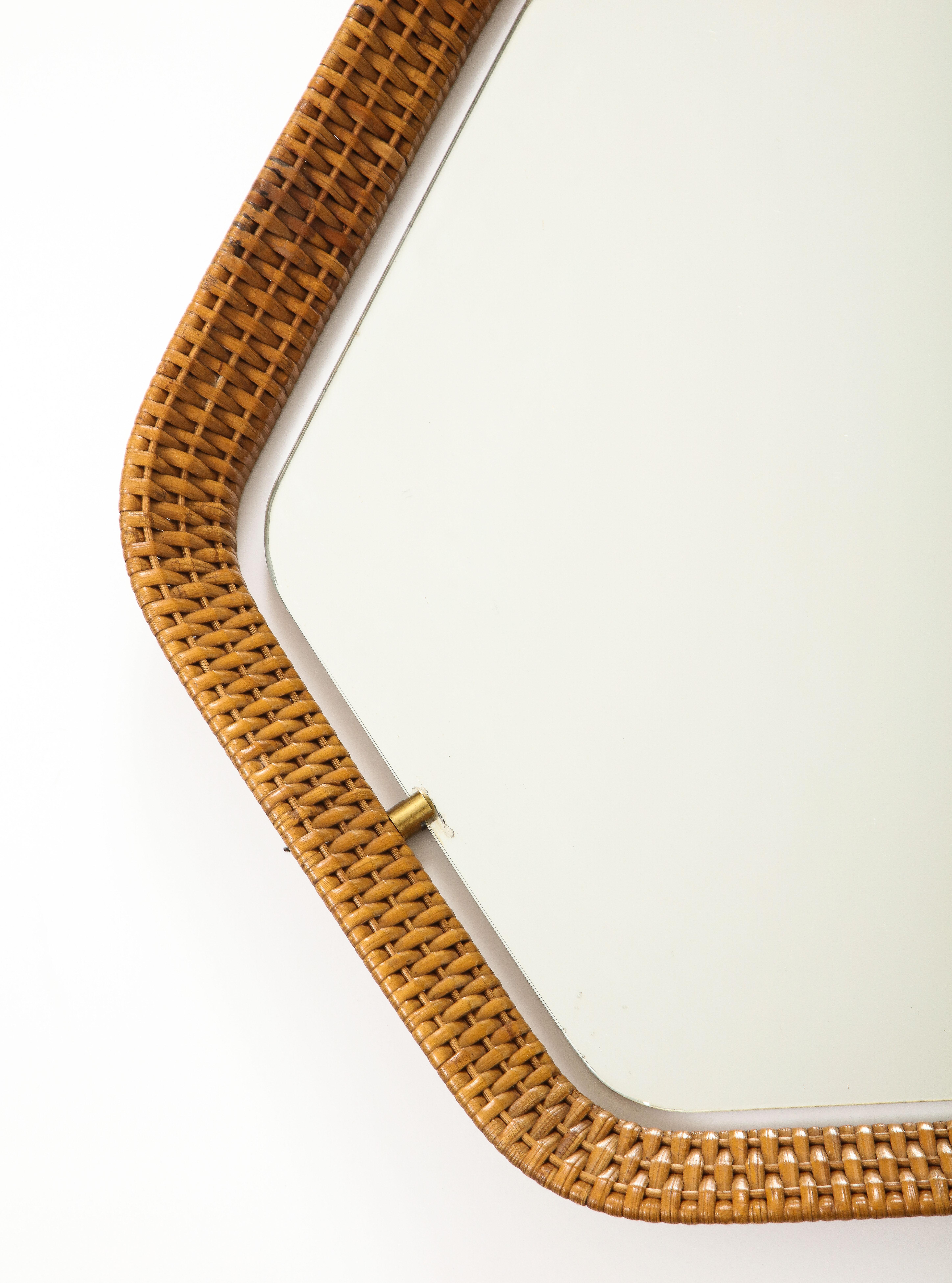 Italian Rattan and Brass Hexagon Shaped Mirror by Cantu, 1950s For Sale 4