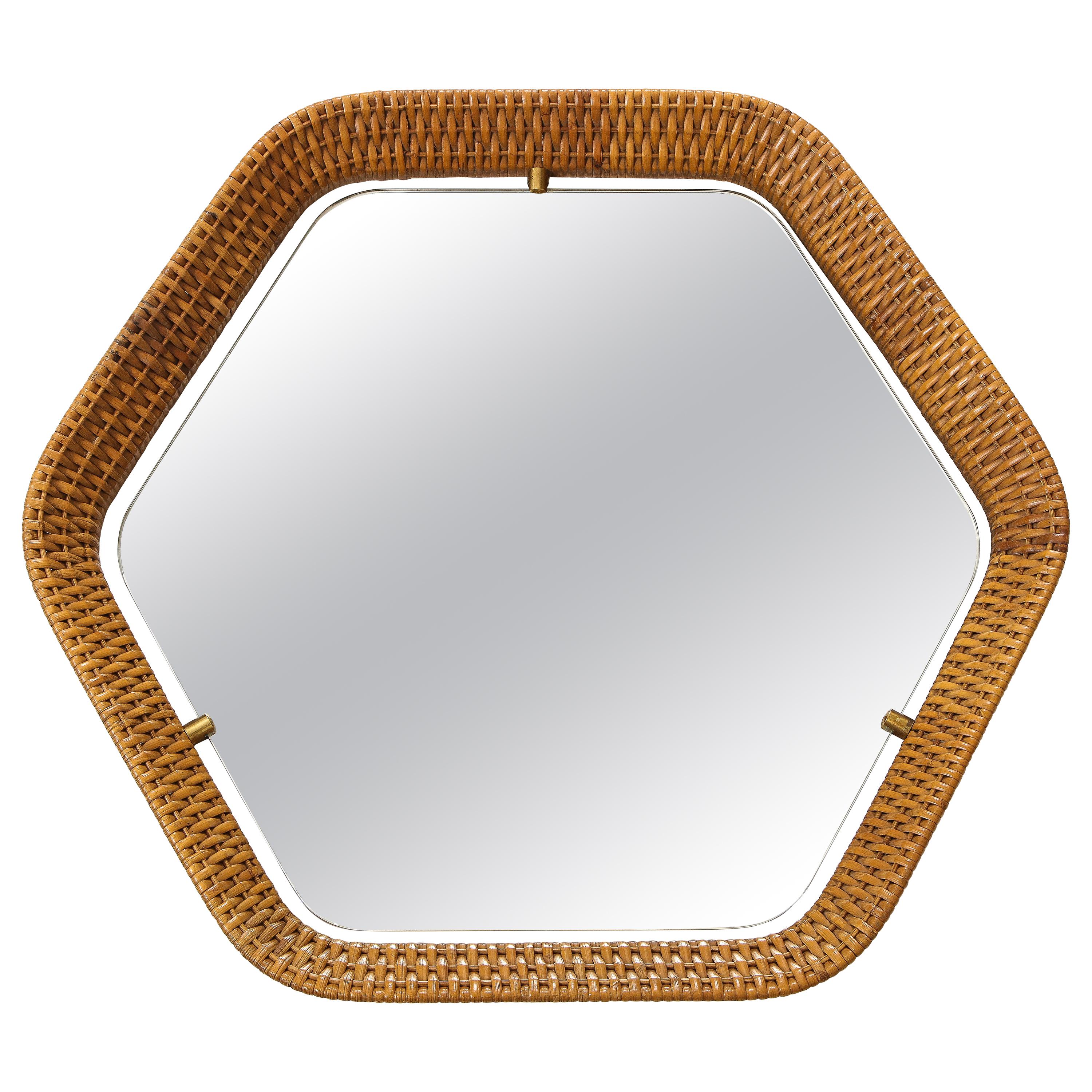 Italian Rattan and Brass Hexagon Shaped Mirror by Cantu, 1950s