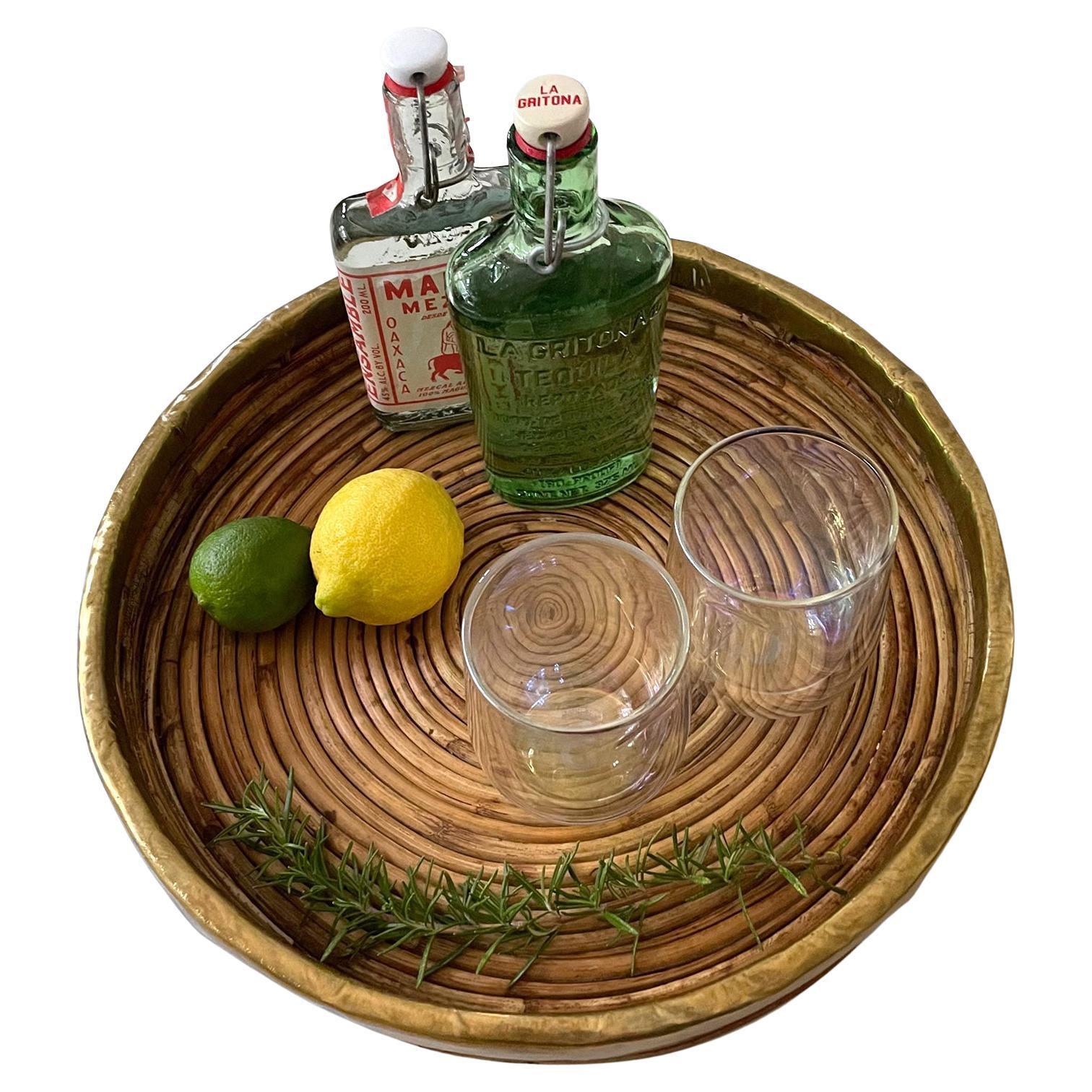 Italian Rattan and Brass Tray in the style of Gabriella Crespi