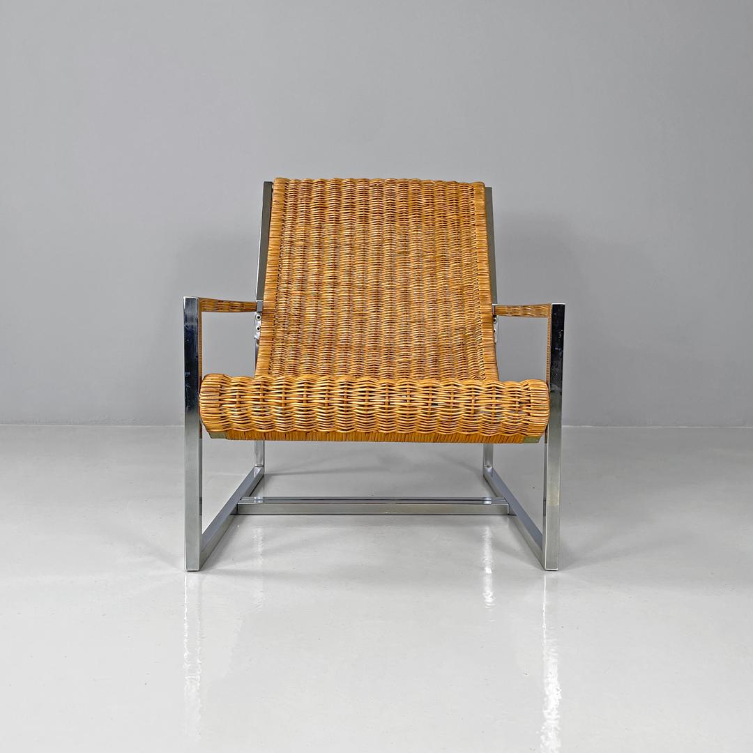 Italian rattan and chromed metal armchair by Lyda Levi, 1970s In Fair Condition For Sale In MIlano, IT