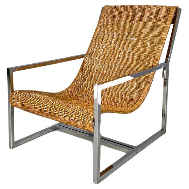 Italian rattan and chromed metal armchair by Lyda Levi, 1970s For Sale