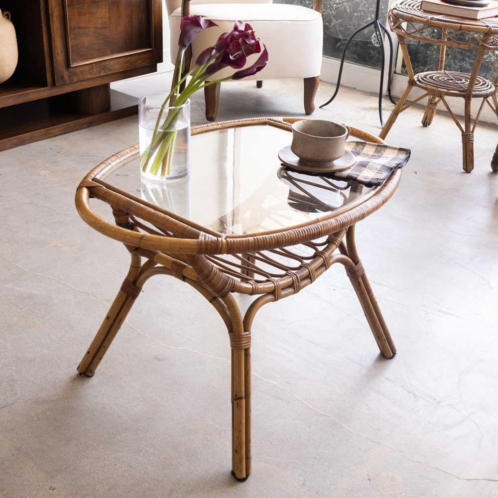 Italian Rattan and Glass Gueridon Table In Good Condition For Sale In Los Angeles, CA