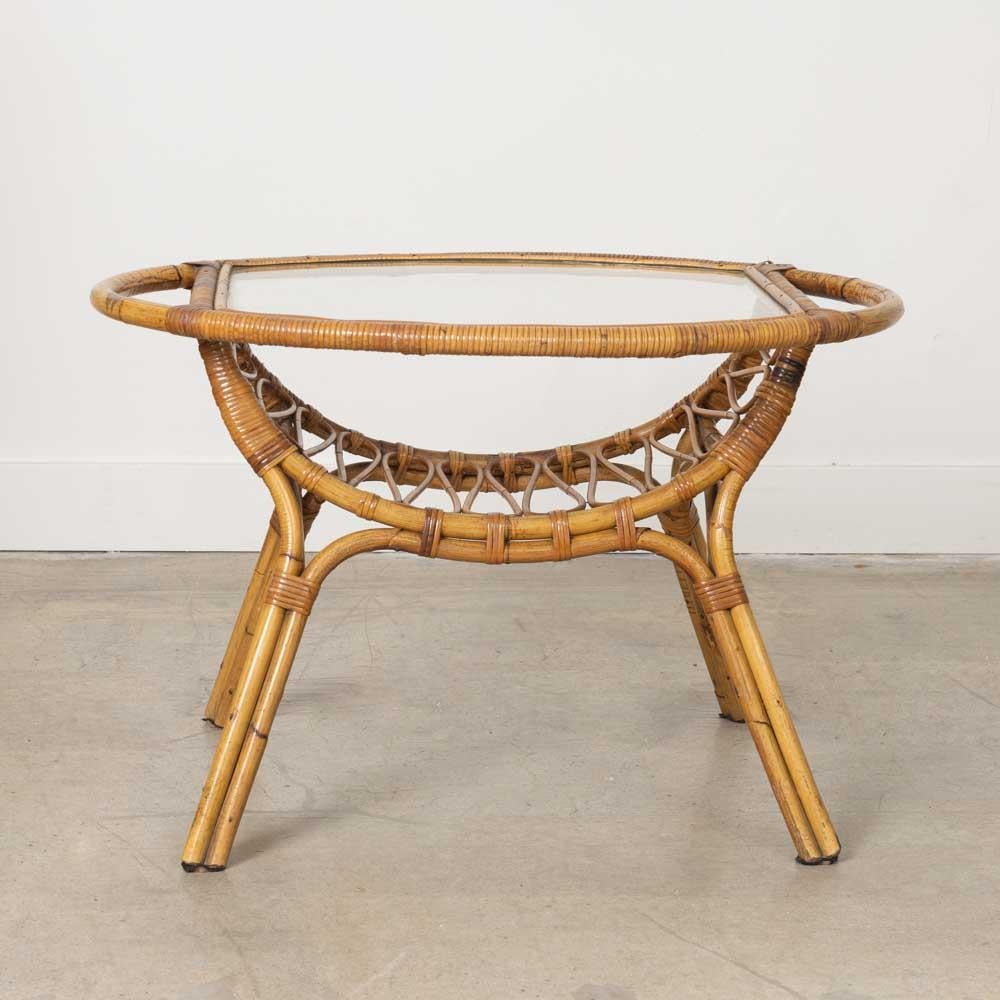 20th Century Italian Rattan and Glass Gueridon Table For Sale