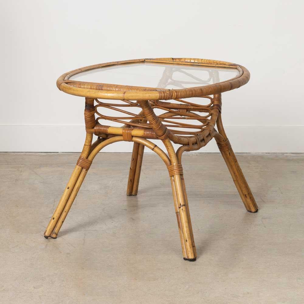 Italian Rattan and Glass Gueridon Table For Sale 3