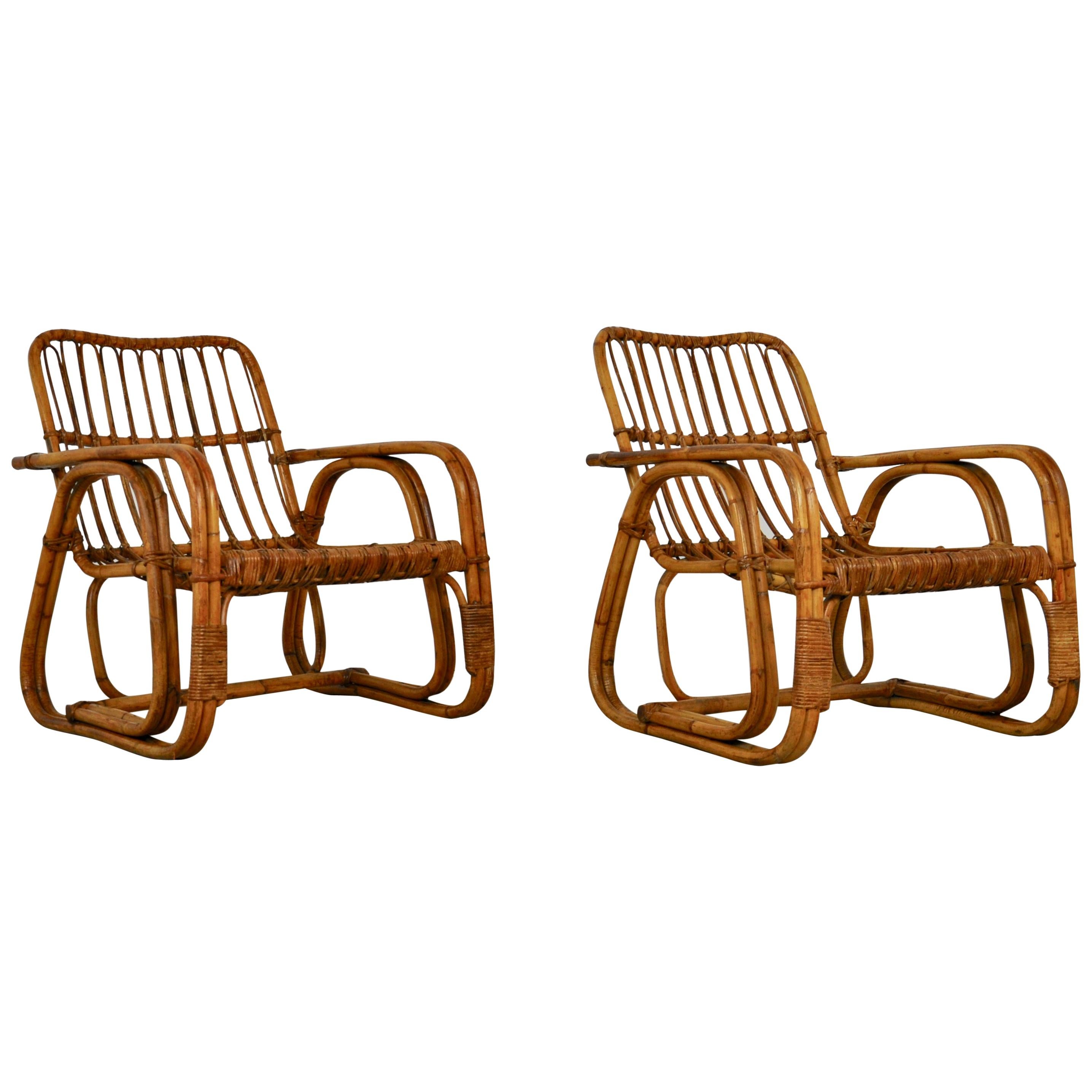 Italian Rattan Armchair 1960s Set of 2