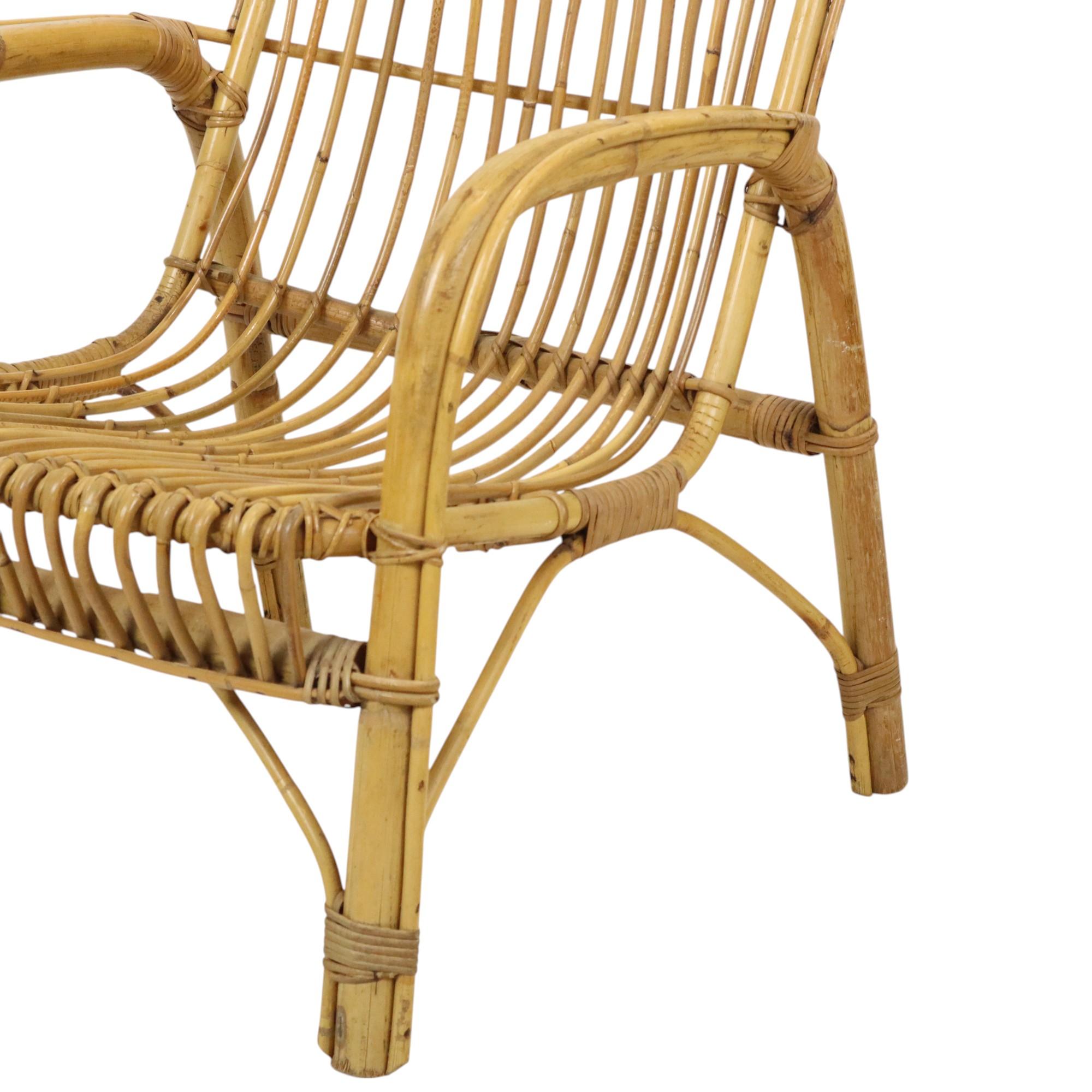 Italian Rattan Armchair French Riviera Boho Style Side Table For Sale 4