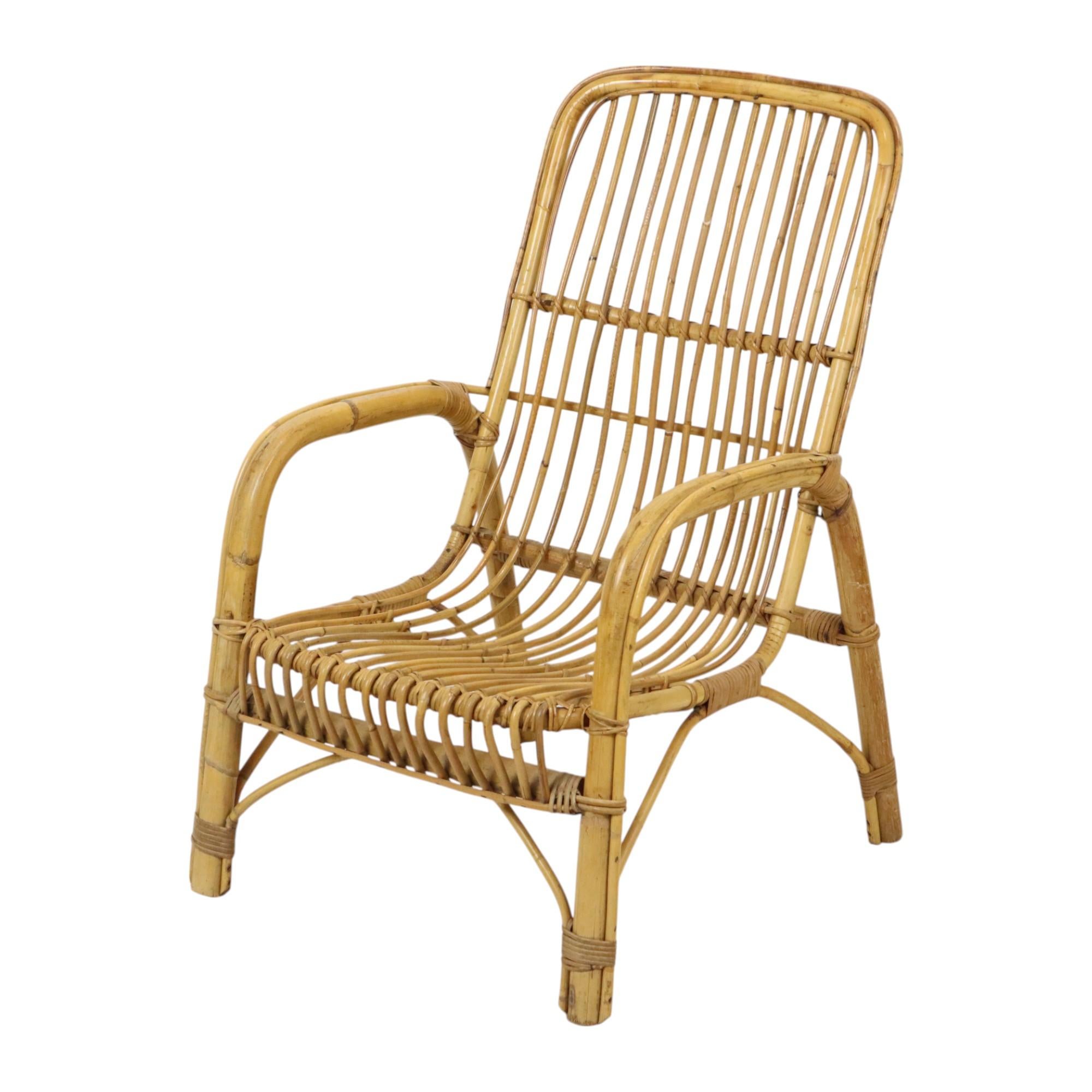 20th Century Italian Rattan Armchair French Riviera Boho Style Side Table For Sale
