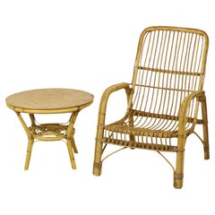 Italian Rattan Armchair French Riviera Boho Style Side Table