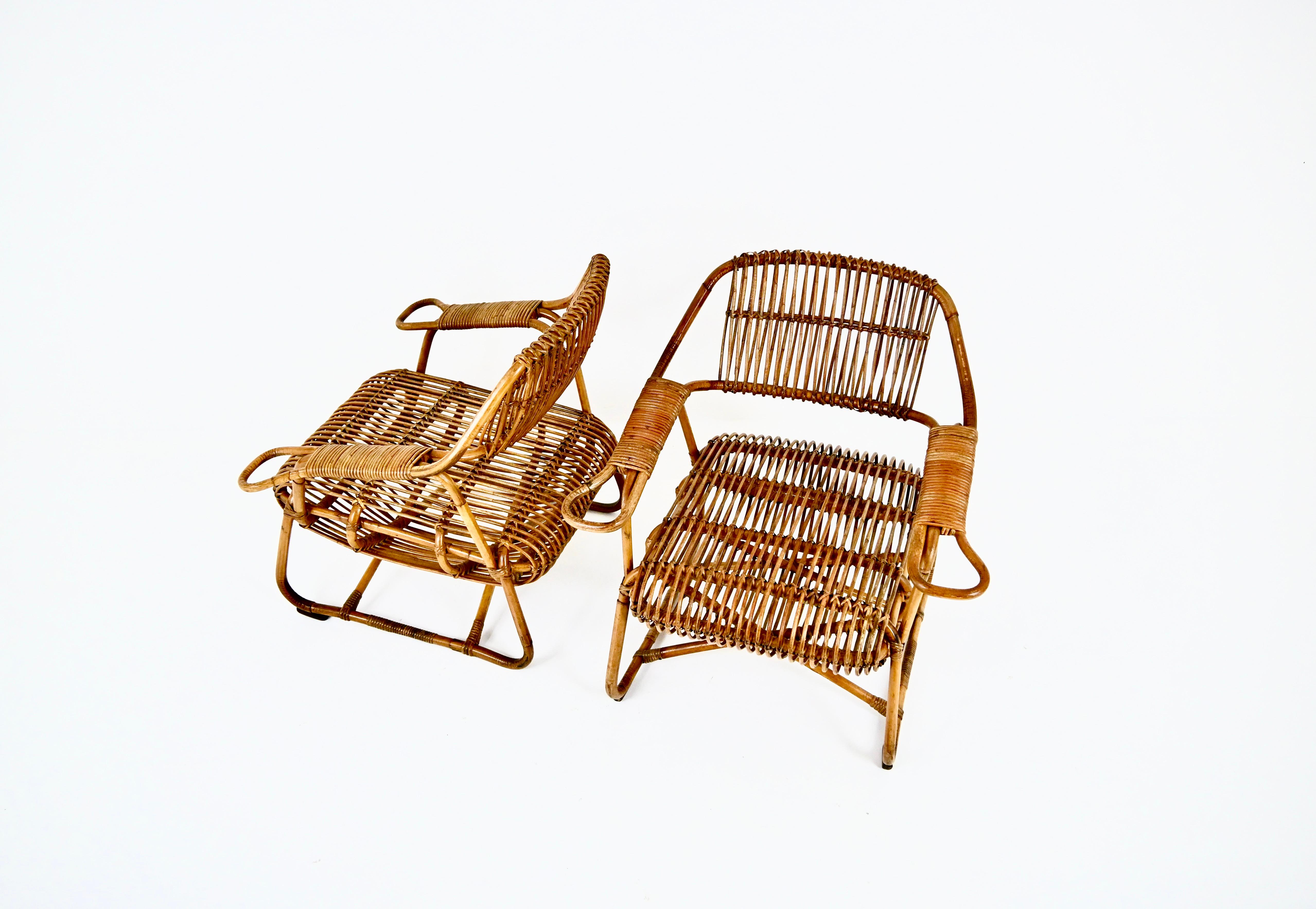 Mid-Century Modern Italian Rattan Armchairs, 1960s, set of 2 en vente