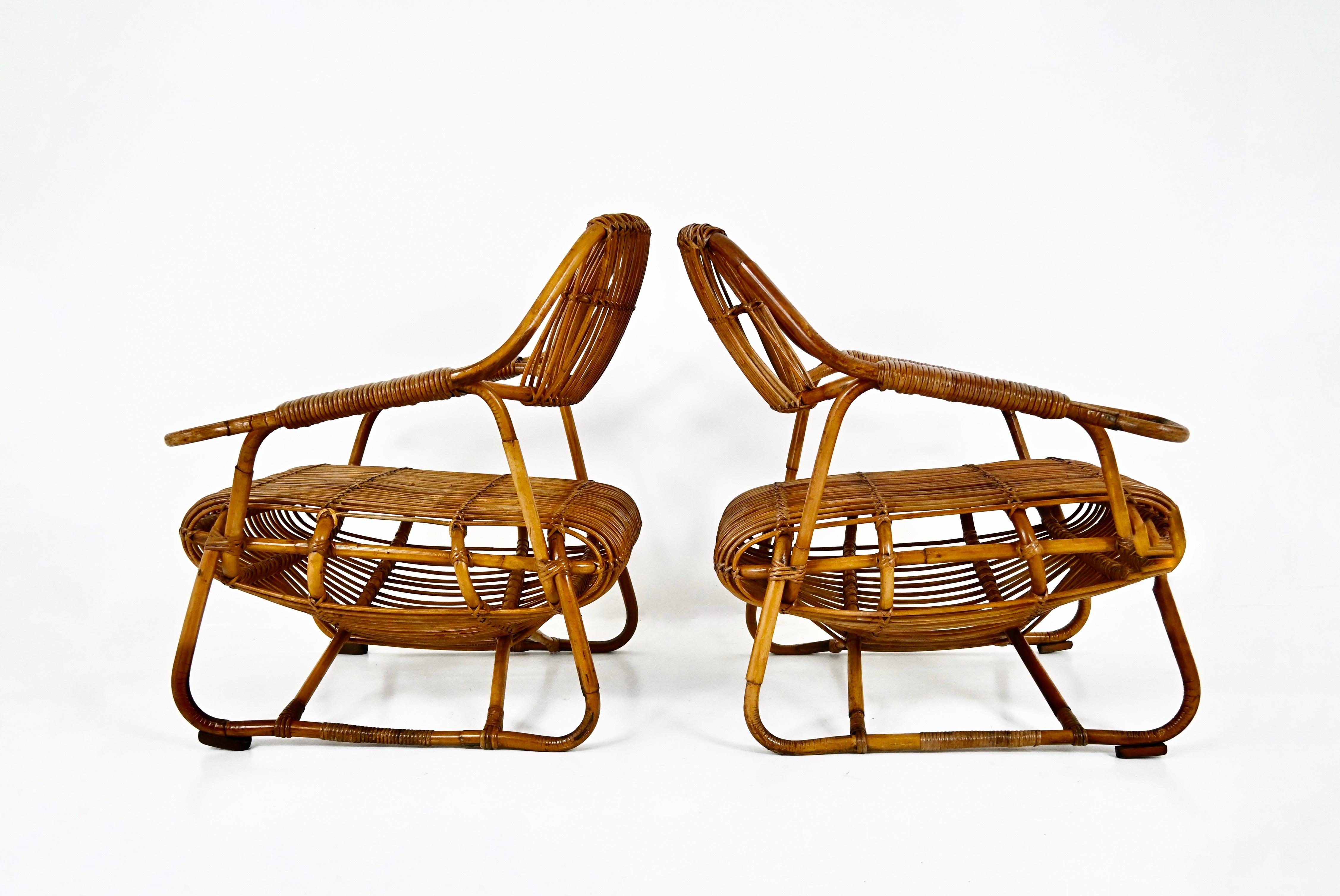 Rotin Italian Rattan Armchairs, 1960s, set of 2 en vente