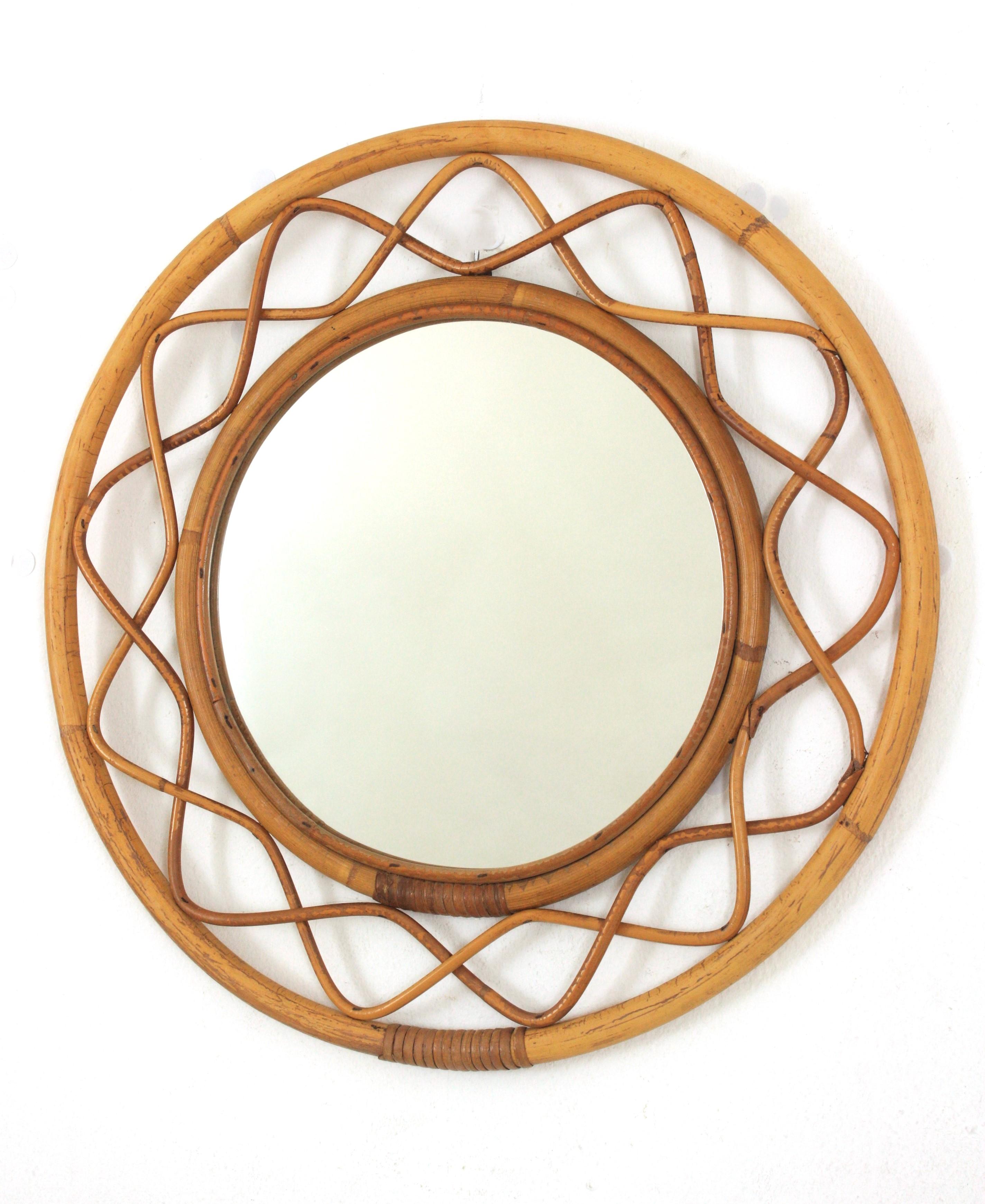 Specchio rotondo italiano in rattan e bambù, Franco Albini Syle, anni '60 in vendita 2
