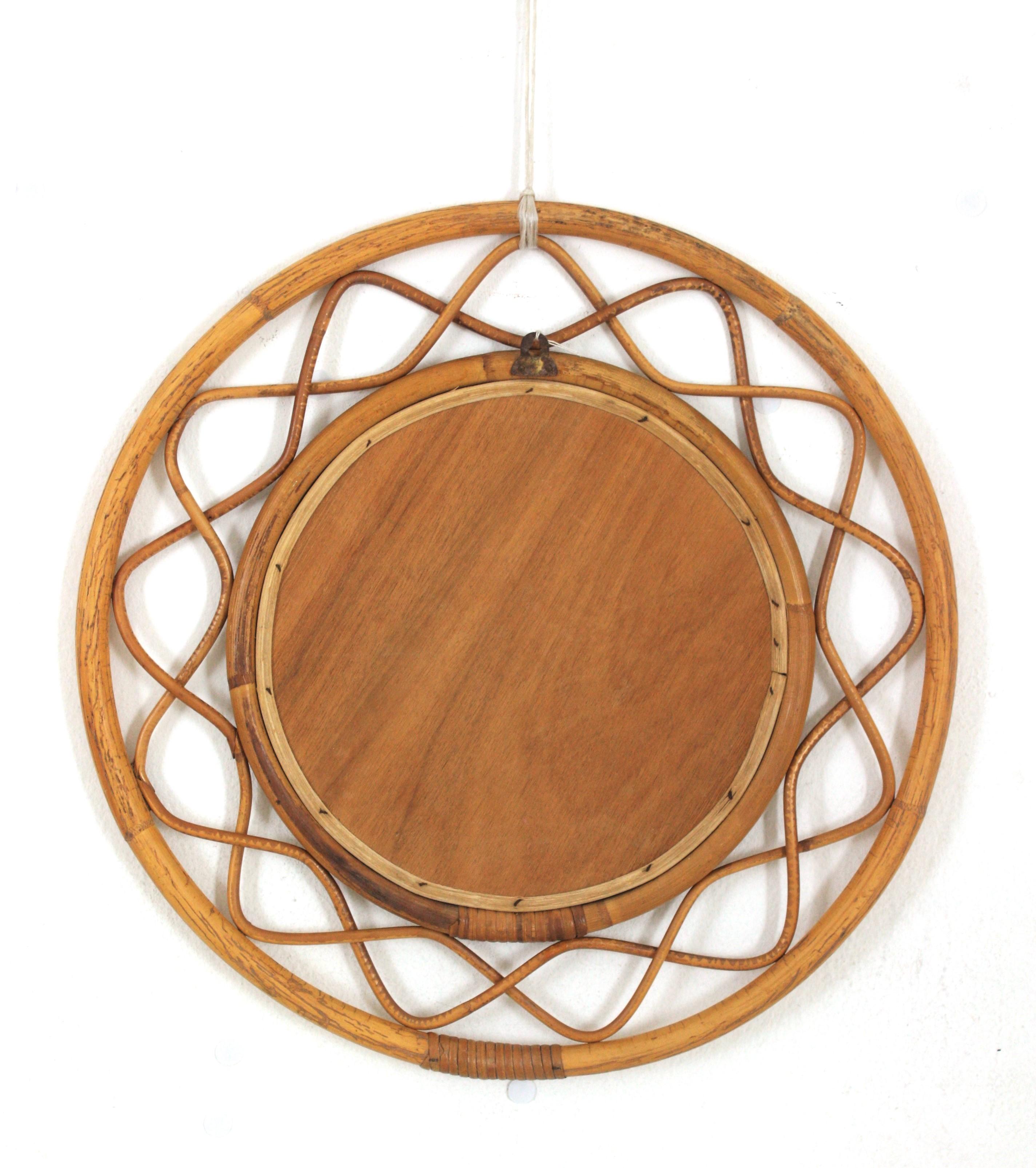 Specchio rotondo italiano in rattan e bambù, Franco Albini Syle, anni '60 in vendita 3