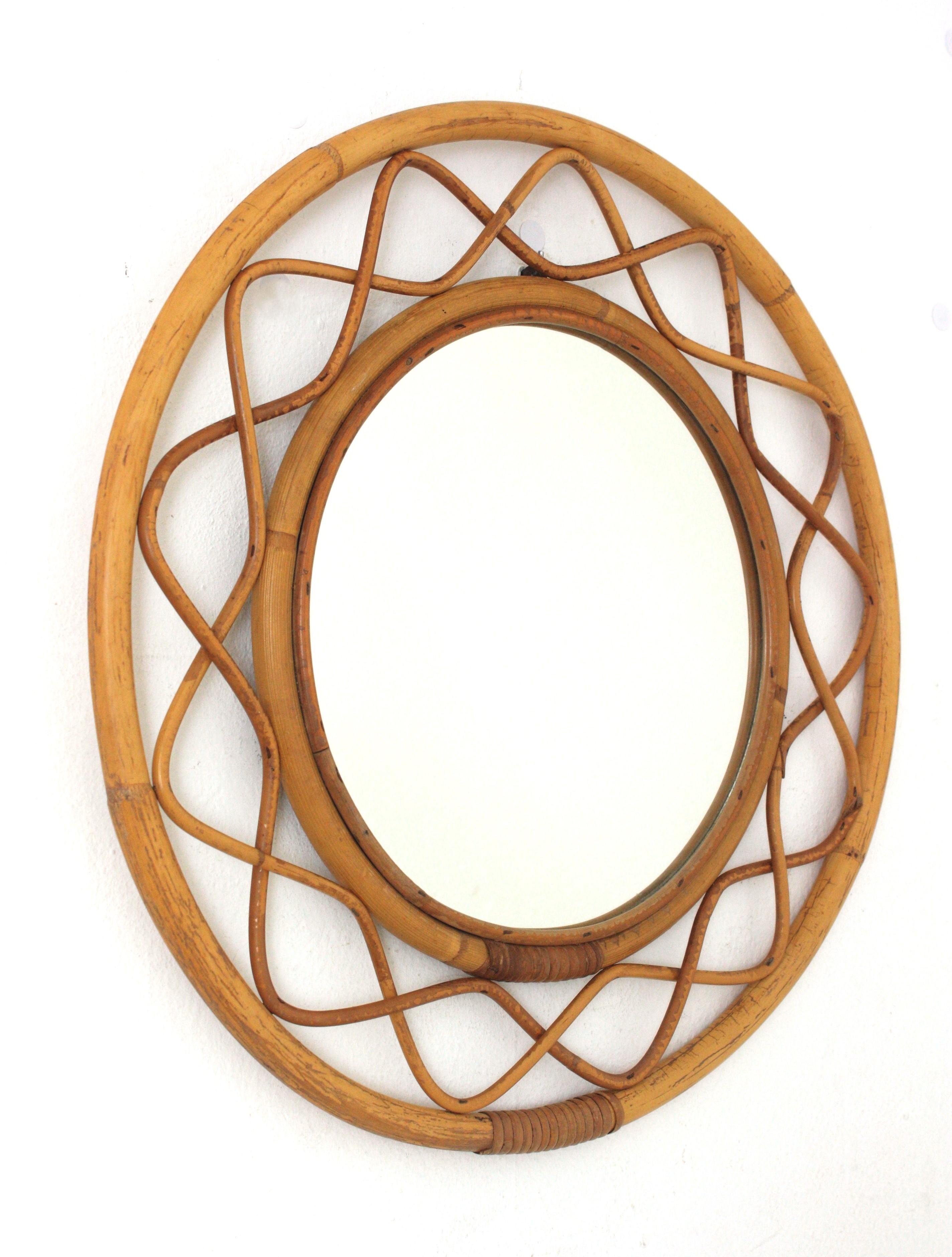 Italiano Specchio rotondo italiano in rattan e bambù, Franco Albini Syle, anni '60 in vendita