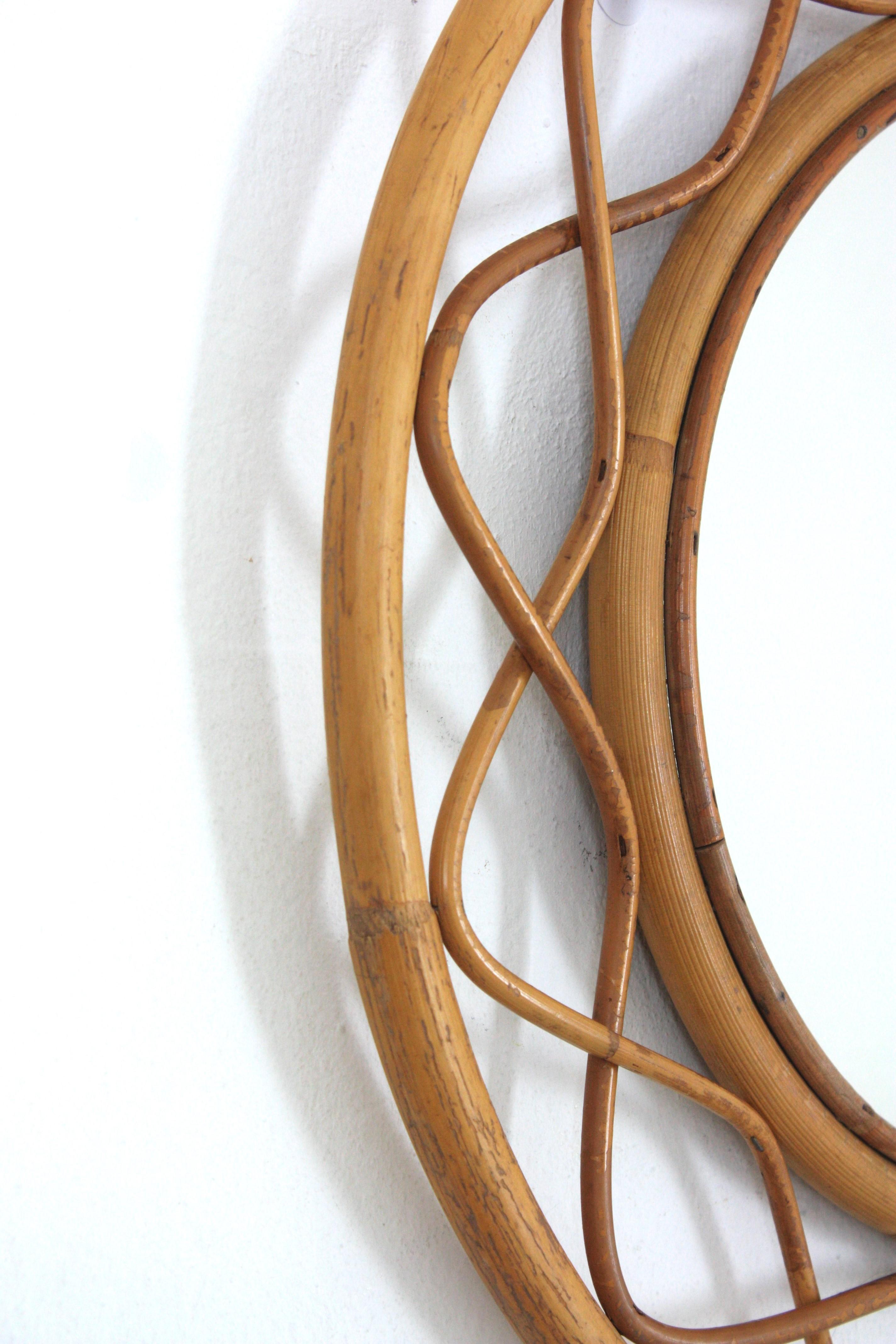 Specchio rotondo italiano in rattan e bambù, Franco Albini Syle, anni '60 In condizioni buone in vendita a Barcelona, ES