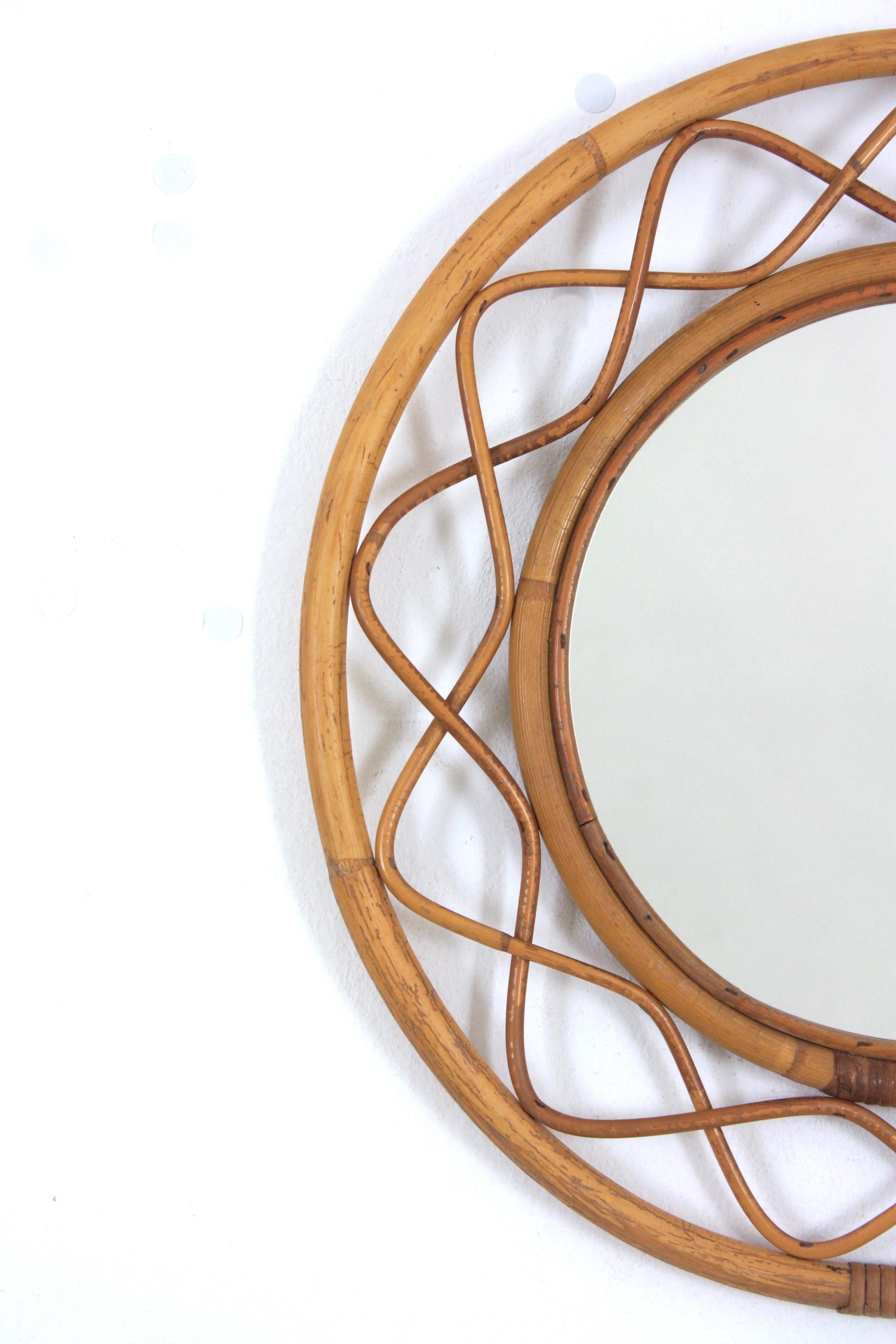 XX secolo Specchio rotondo italiano in rattan e bambù, Franco Albini Syle, anni '60 in vendita