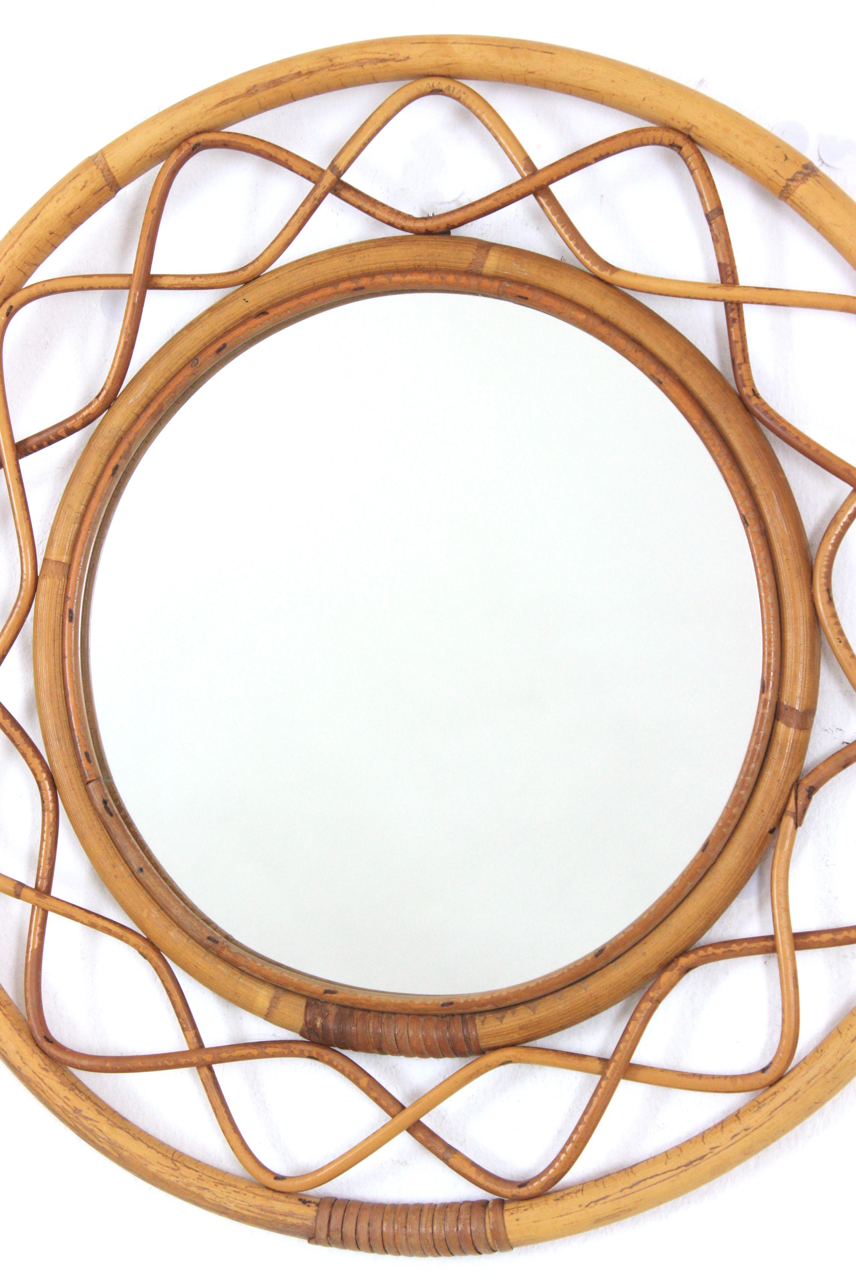 Specchio rotondo italiano in rattan e bambù, Franco Albini Syle, anni '60 in vendita 1