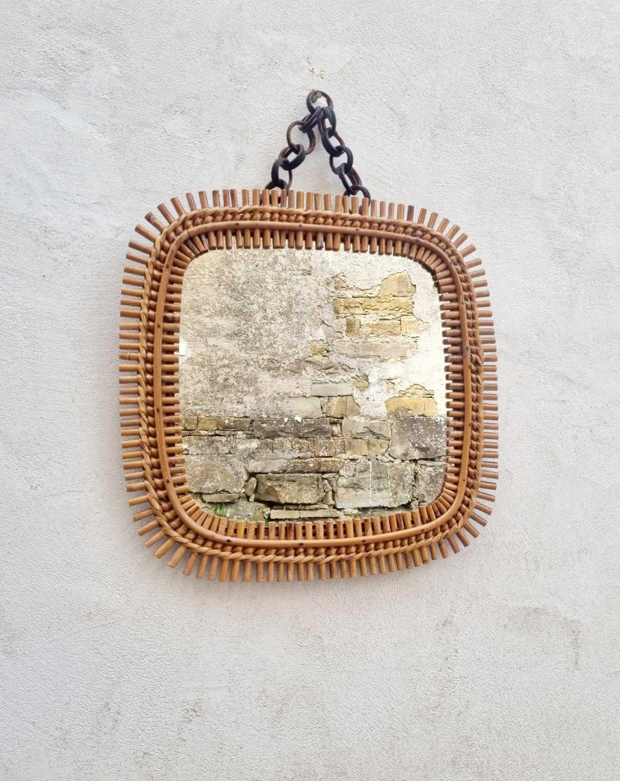 Italian Rattan & Bamboo Squared Wall Mirror Designed by Olaf Von Bohr, Italy 60s In Good Condition For Sale In Lucija, SI