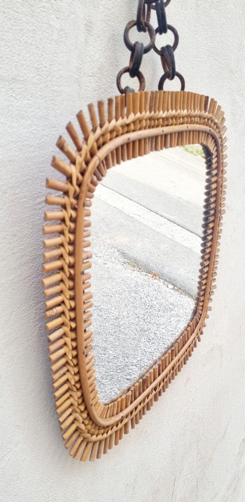 Mid-20th Century Italian Rattan & Bamboo Squared Wall Mirror Designed by Olaf Von Bohr, Italy 60s For Sale