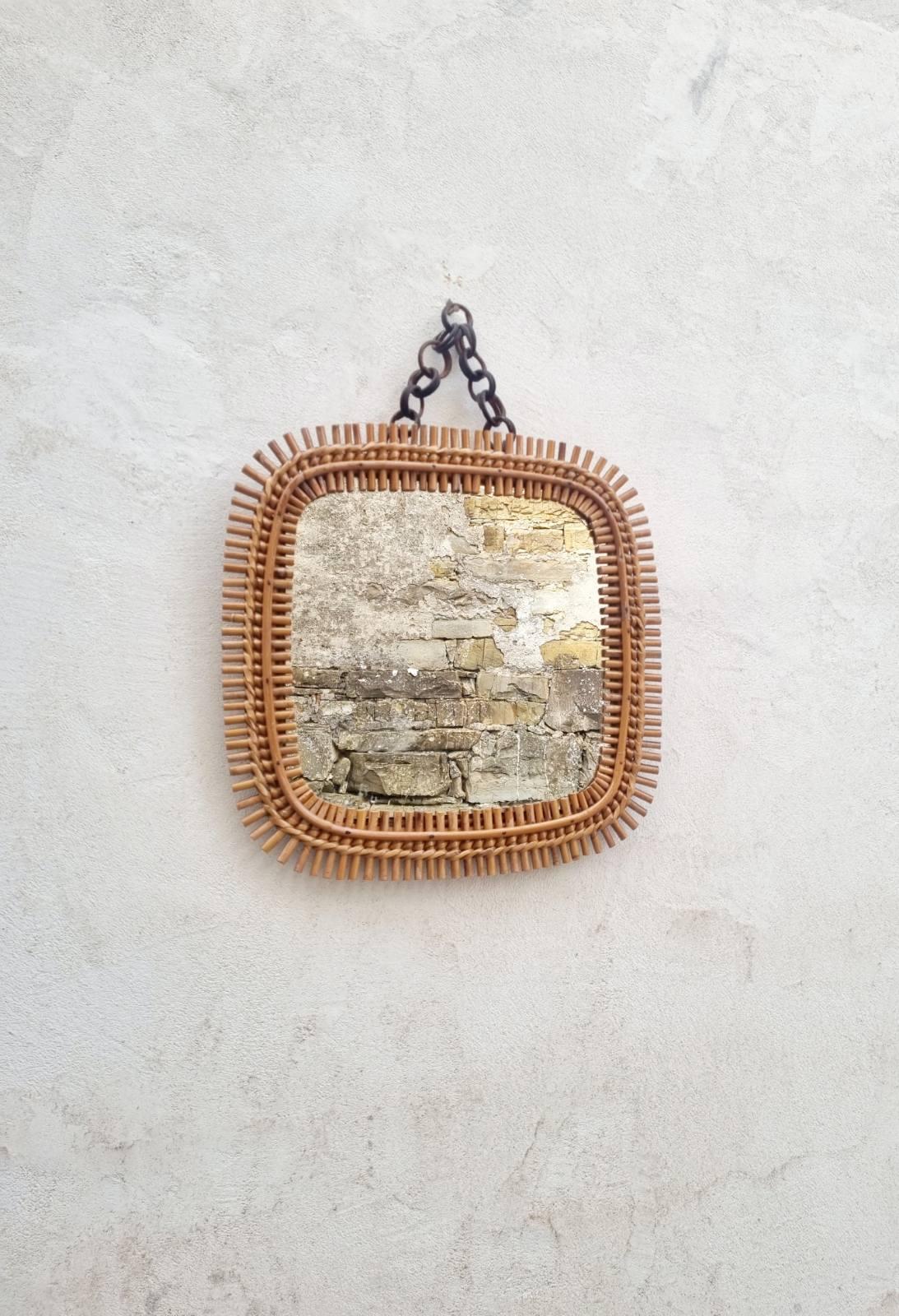 Italian Rattan & Bamboo Squared Wall Mirror Designed by Olaf Von Bohr, Italy 60s For Sale 1