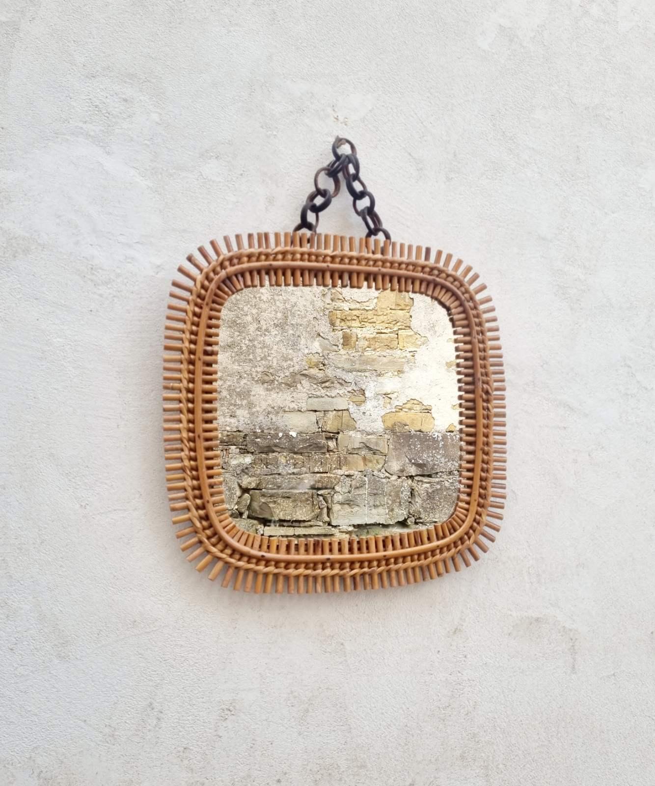 Italian Rattan & Bamboo Squared Wall Mirror Designed by Olaf Von Bohr, Italy 60s For Sale 3