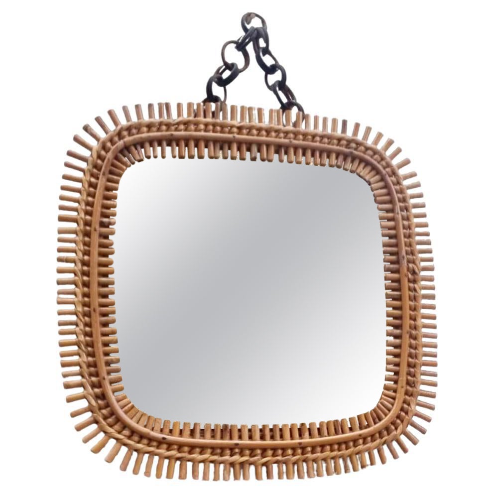 Italian Rattan & Bamboo Squared Wall Mirror Designed by Olaf Von Bohr, Italy 60s For Sale