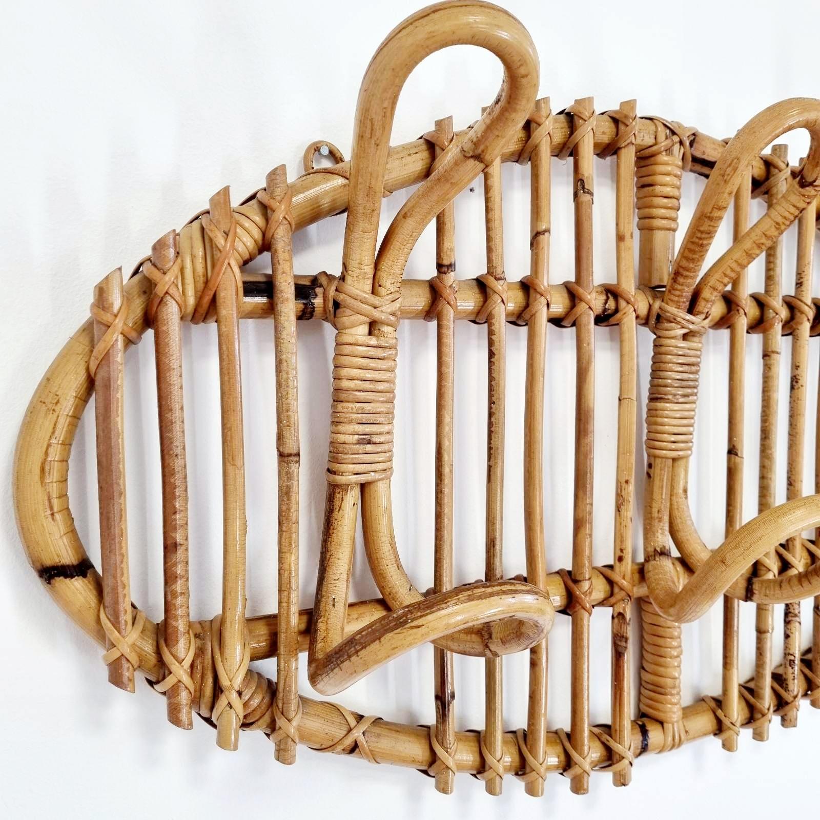 Italian Rattan Bamboo Wall Coat Rack Attributed to Franco Albini, Italy, 70s In Good Condition For Sale In Lucija, SI