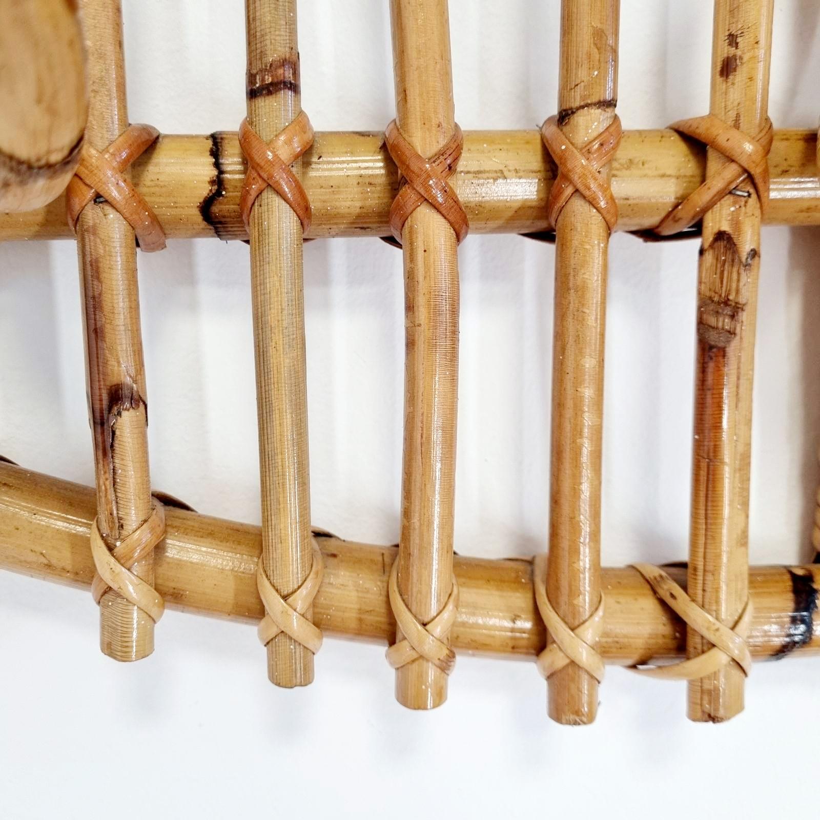 Late 20th Century Italian Rattan Bamboo Wall Coat Rack Attributed to Franco Albini, Italy, 70s For Sale