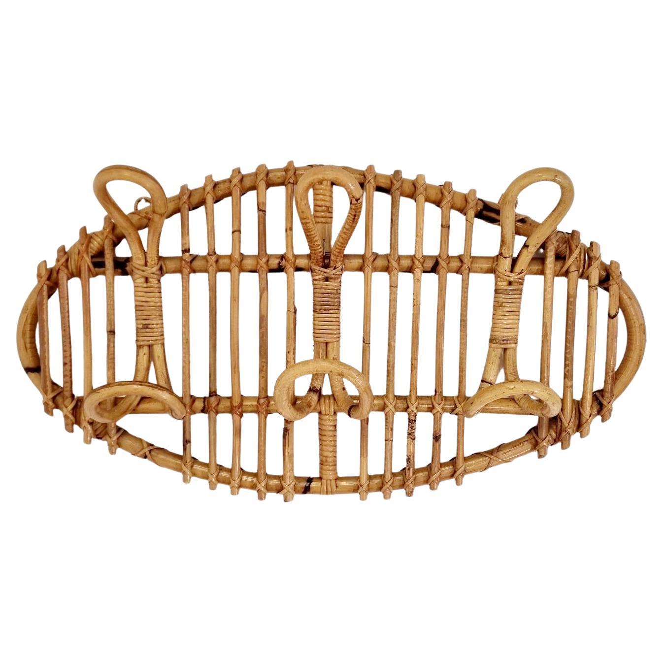 Italian Rattan Bamboo Wall Coat Rack Attributed to Franco Albini, Italy, 70s For Sale