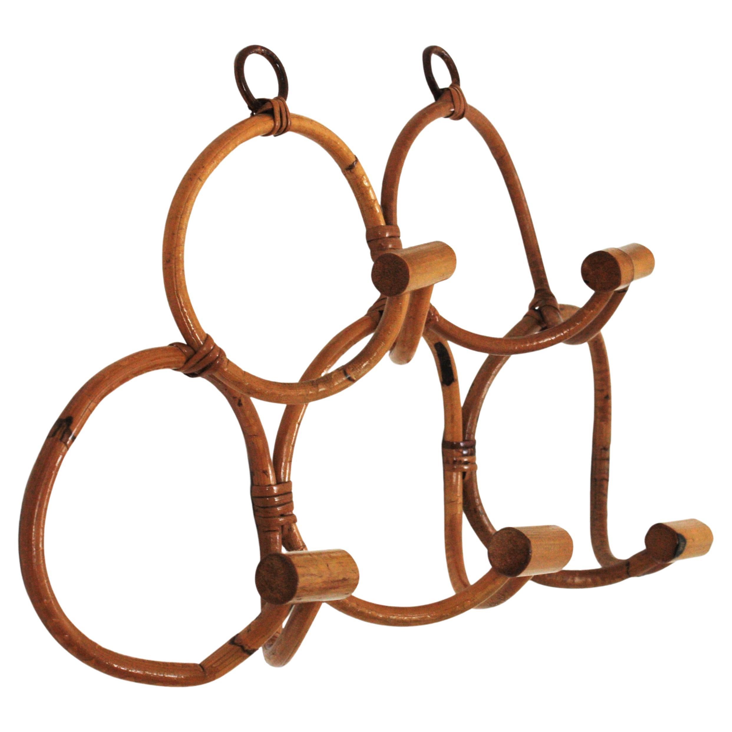 Appendiabiti da parete in rattan italiano con 5 ganci, anni '60