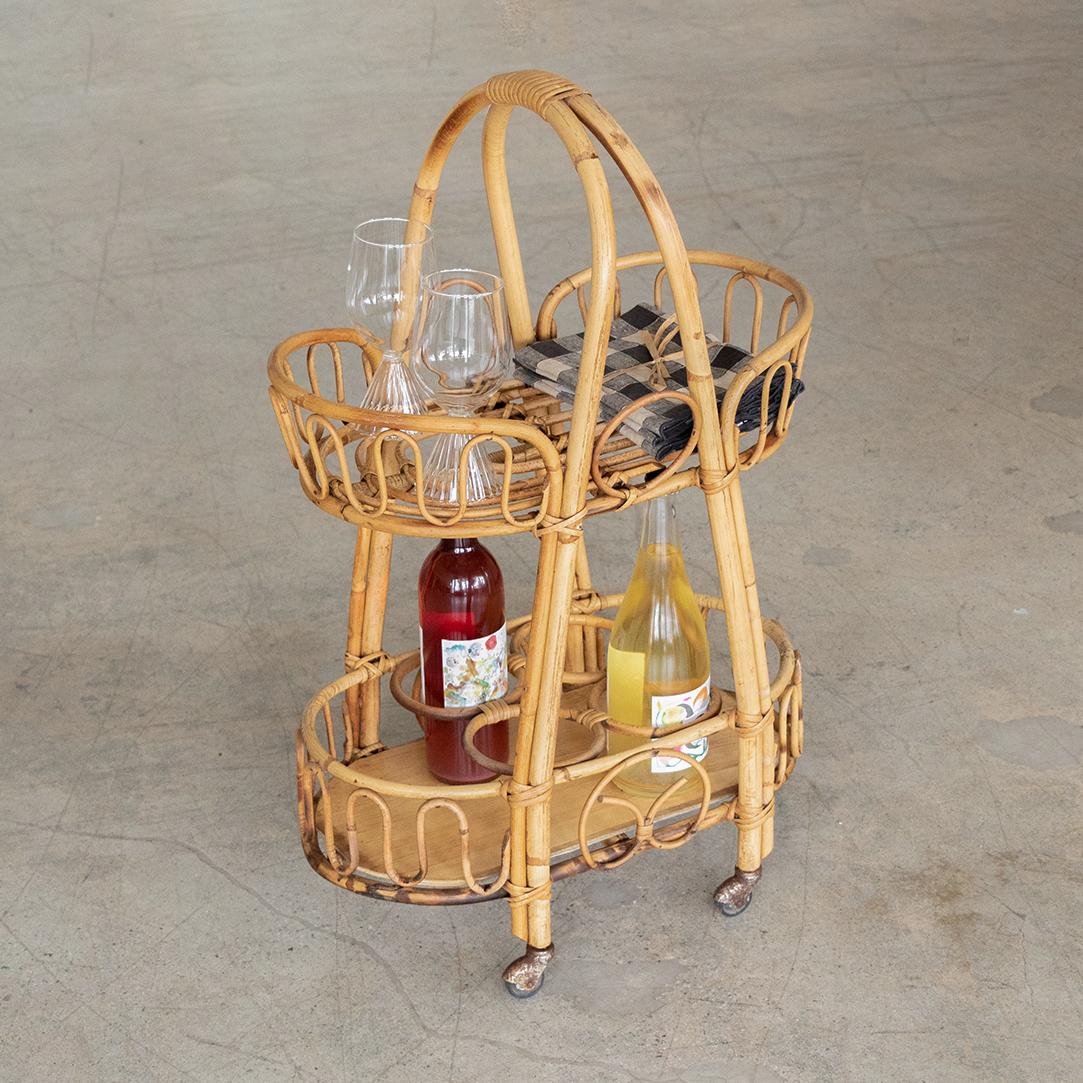 Italian Rattan Bar Cart In Good Condition For Sale In Los Angeles, CA