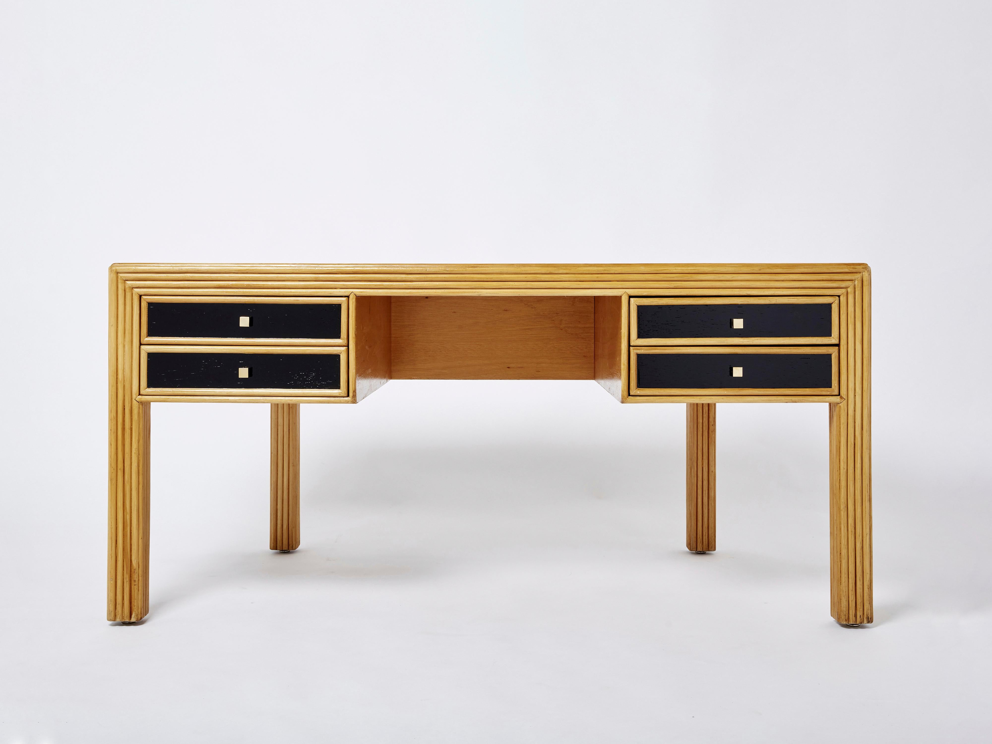 Italian Rattan Black Painted Wood Brass Handles Executive Desk 1970s For Sale 3