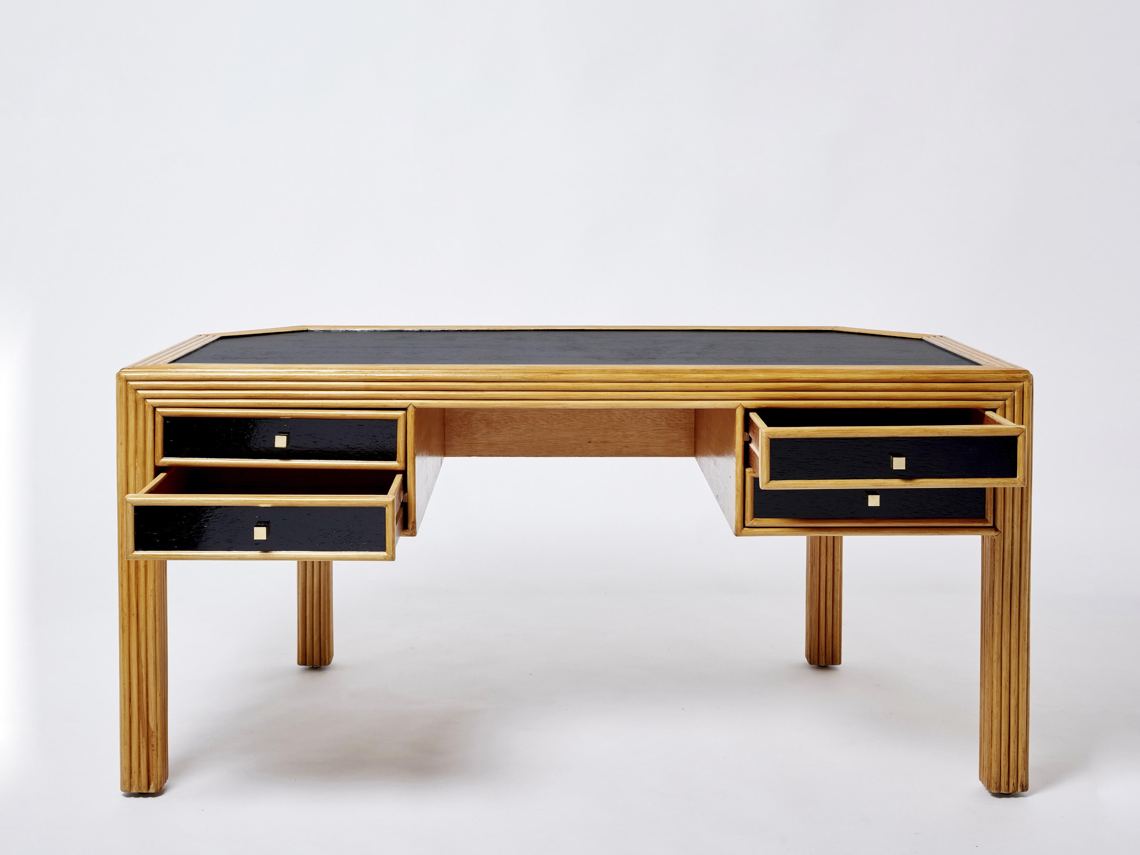 Italian Rattan Black Painted Wood Brass Handles Executive Desk 1970s For Sale 4