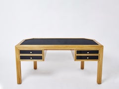 Italian Rattan Black Painted Wood Brass Handles Executive Desk 1970s