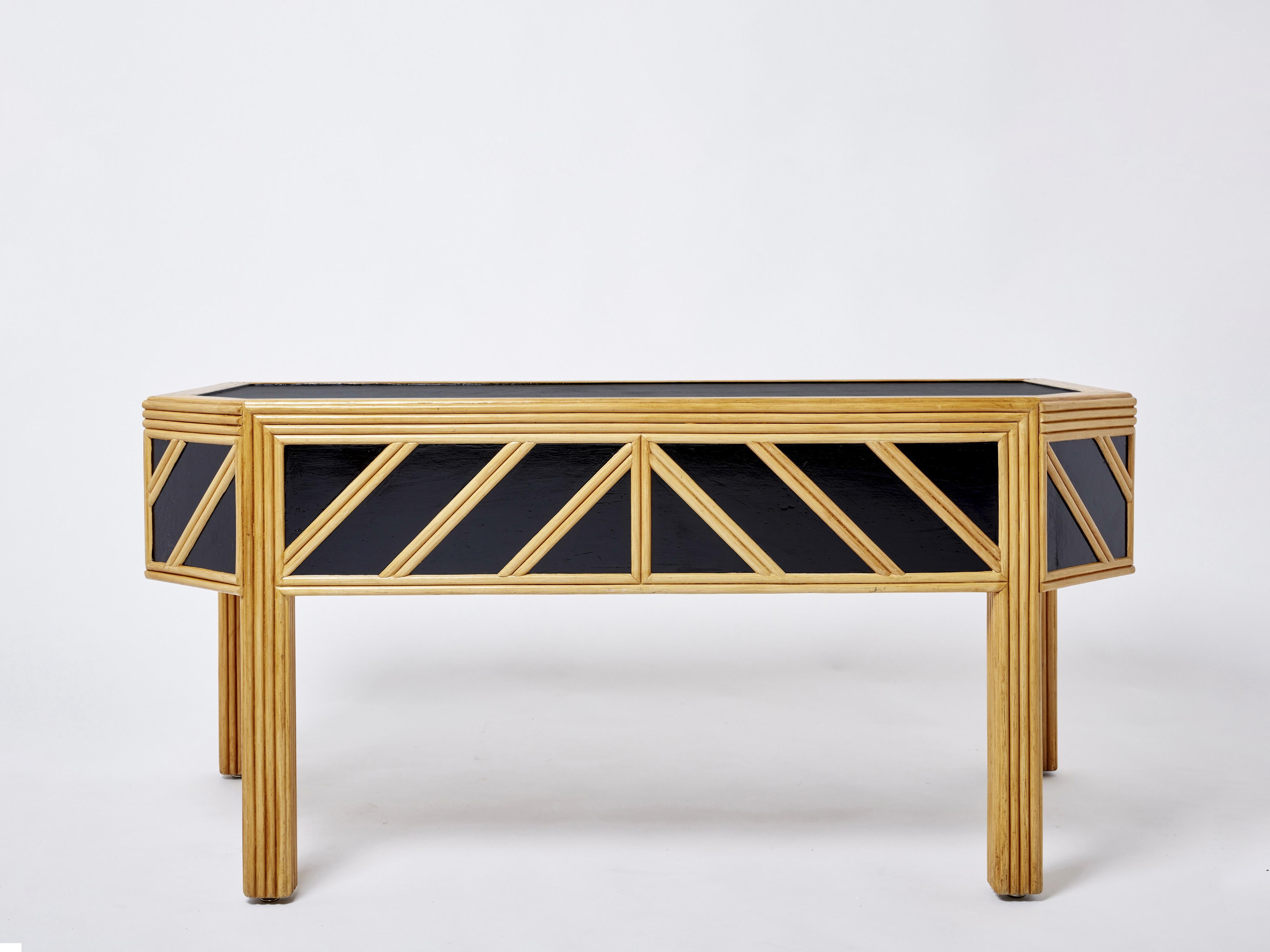 Mid-Century Modern Italian Rattan Black Painted Wood Brass Handles Executive Desk 1970s For Sale