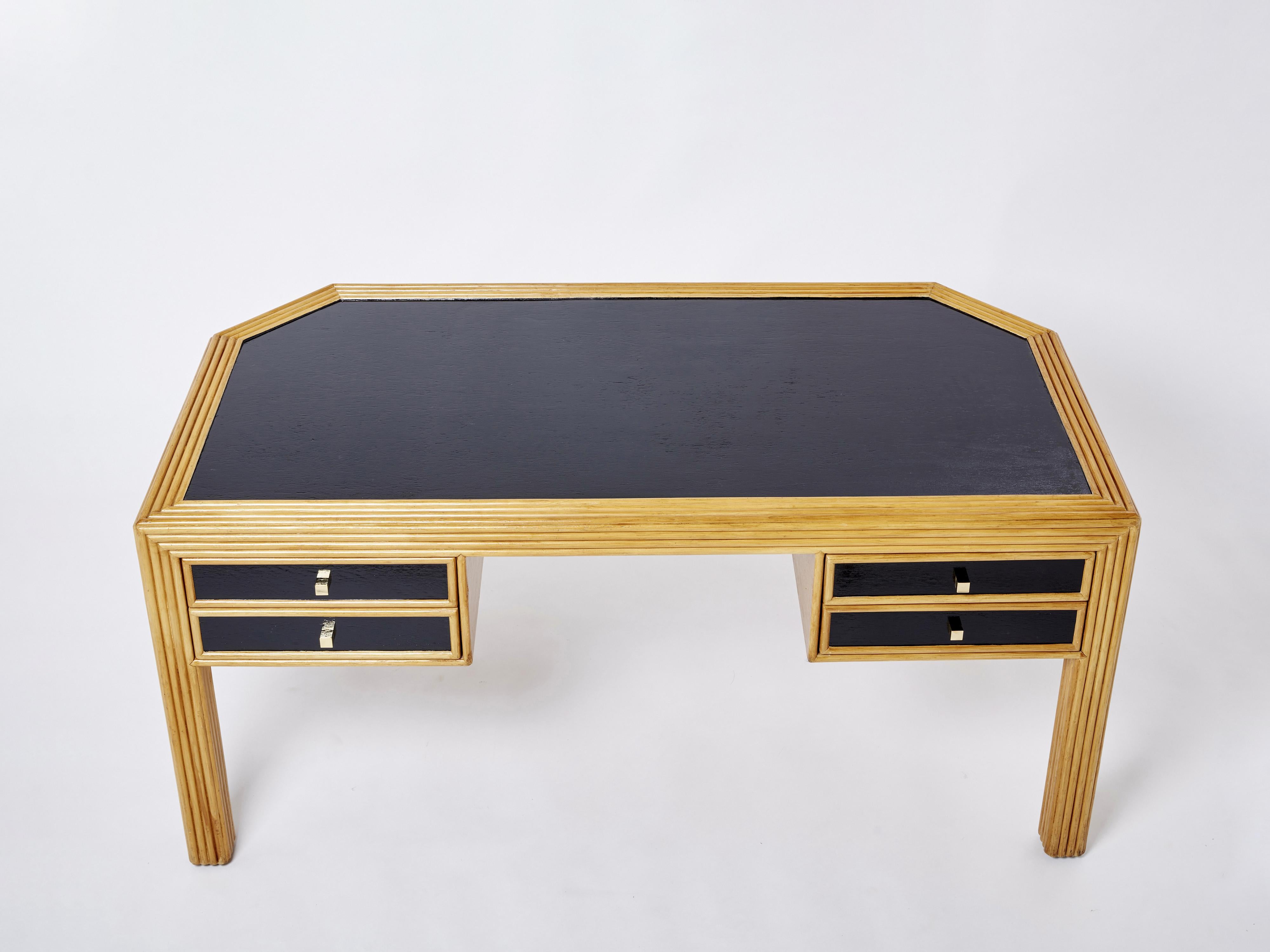 Italian Rattan Black Painted Wood Brass Handles Executive Desk 1970s For Sale 1