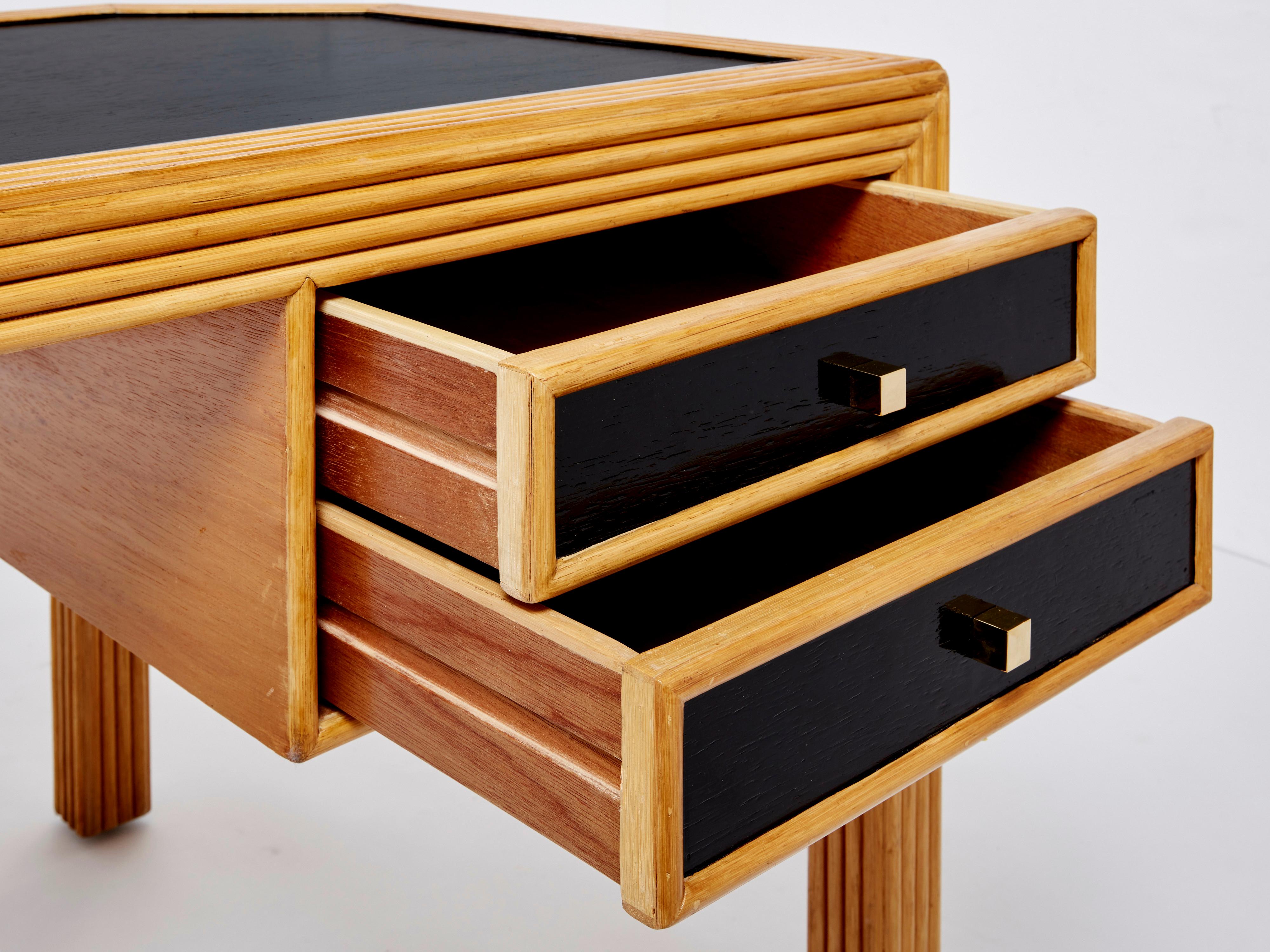 Italian Rattan Black Painted Wood Brass Handles Executive Desk 1970s For Sale 2