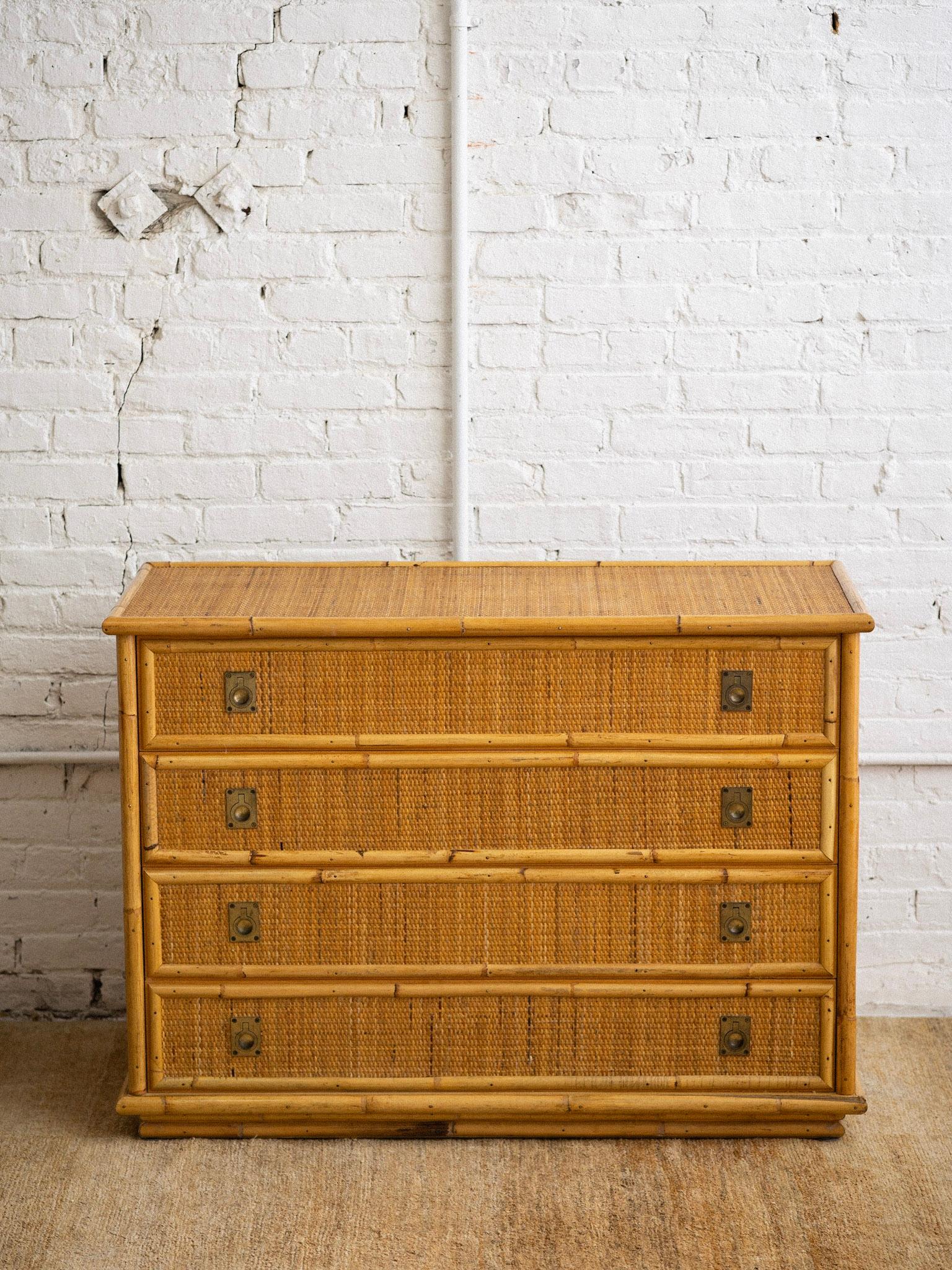 A rattan and cane four drawer dresser by Dal Vera. Brass campaign style pulls. Sourced in Northern Italy.