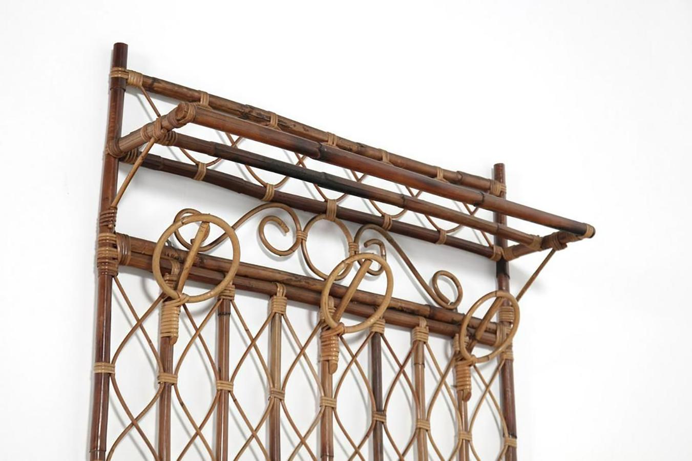 Mid-Century Modern Italian Rattan Coatrack with Three Hoop Hooks + a Shelf Above, 1950's For Sale