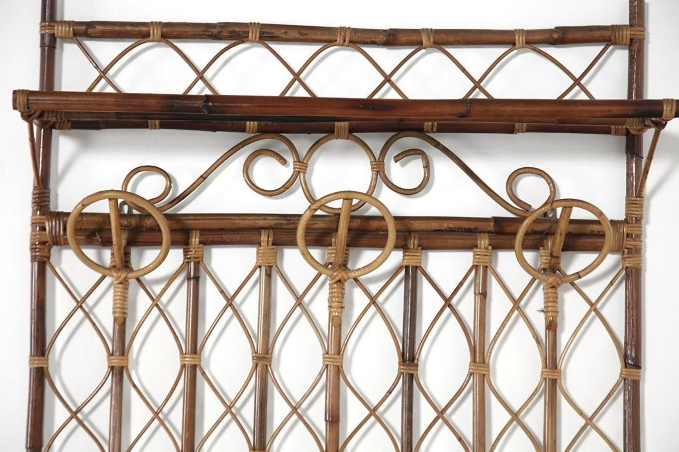Italian Rattan Coatrack with Three Hoop Hooks + a Shelf Above, 1950's In Good Condition For Sale In New York, NY