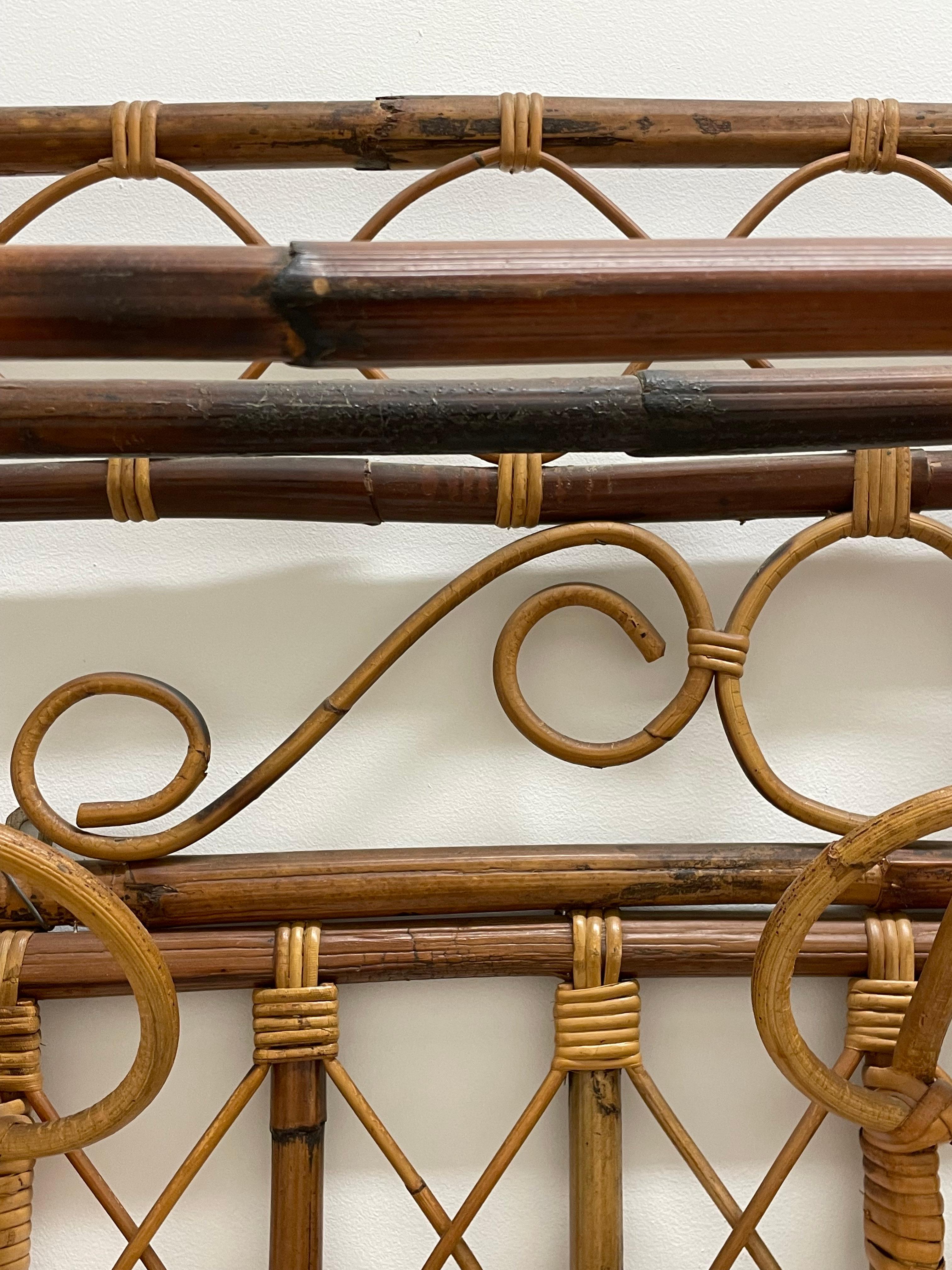 Bamboo Italian Rattan Coatrack with Three Hoop Hooks + a Shelf Above, 1950's For Sale